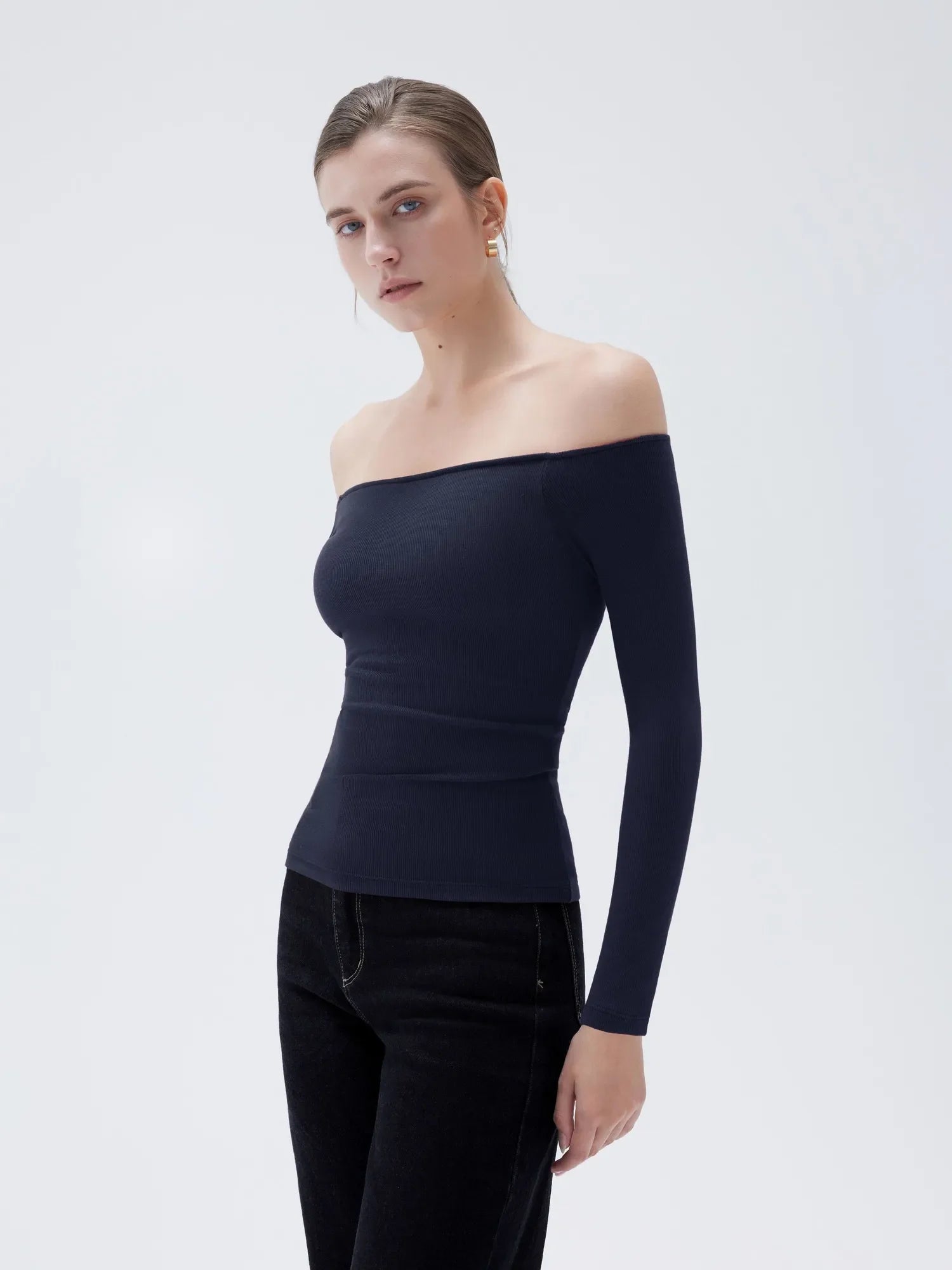 Ribbed Padded Off Shoulder Shirt - Long Sleeve