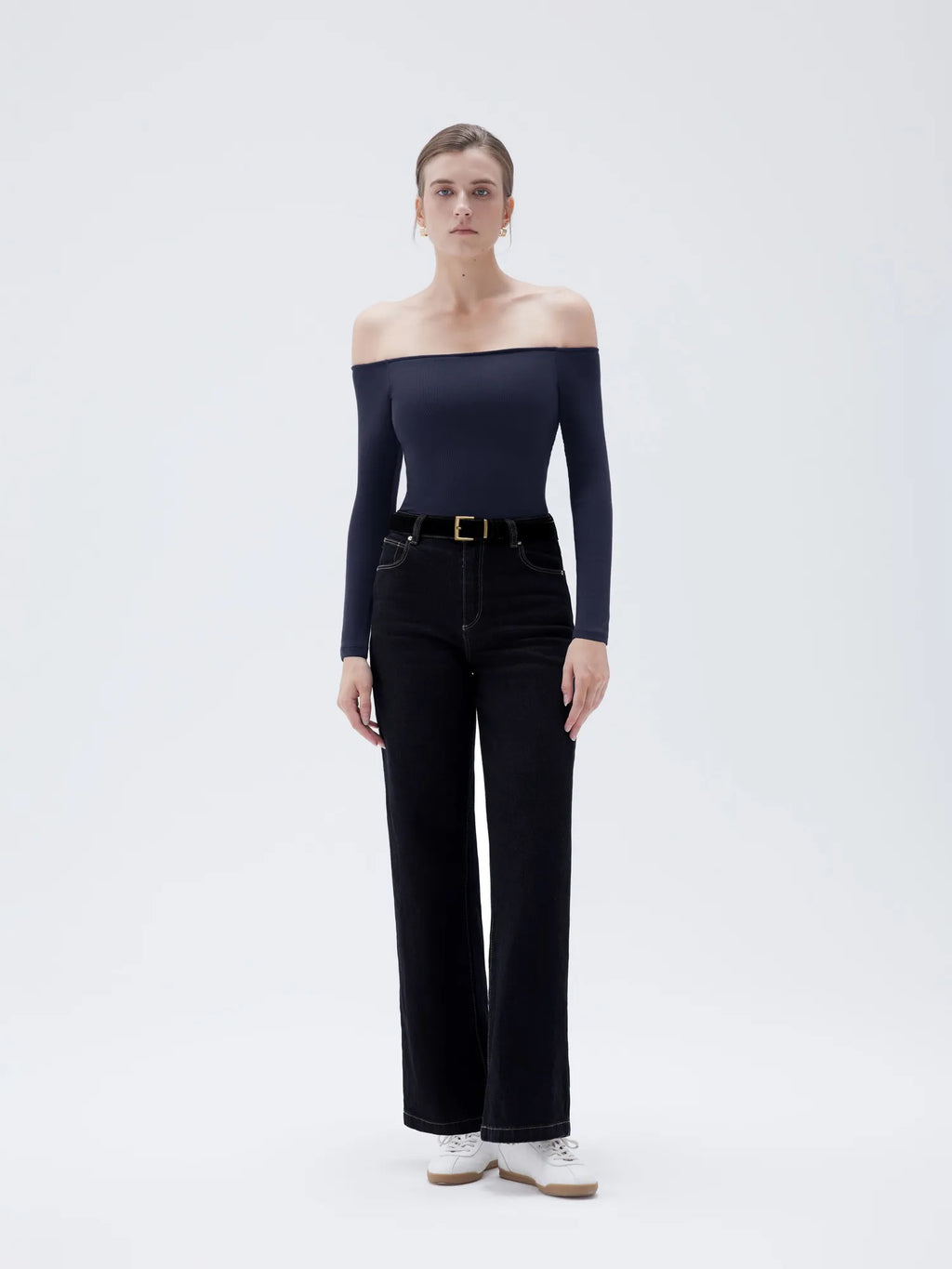 Ribbed Padded Off Shoulder Shirt - Long Sleeve