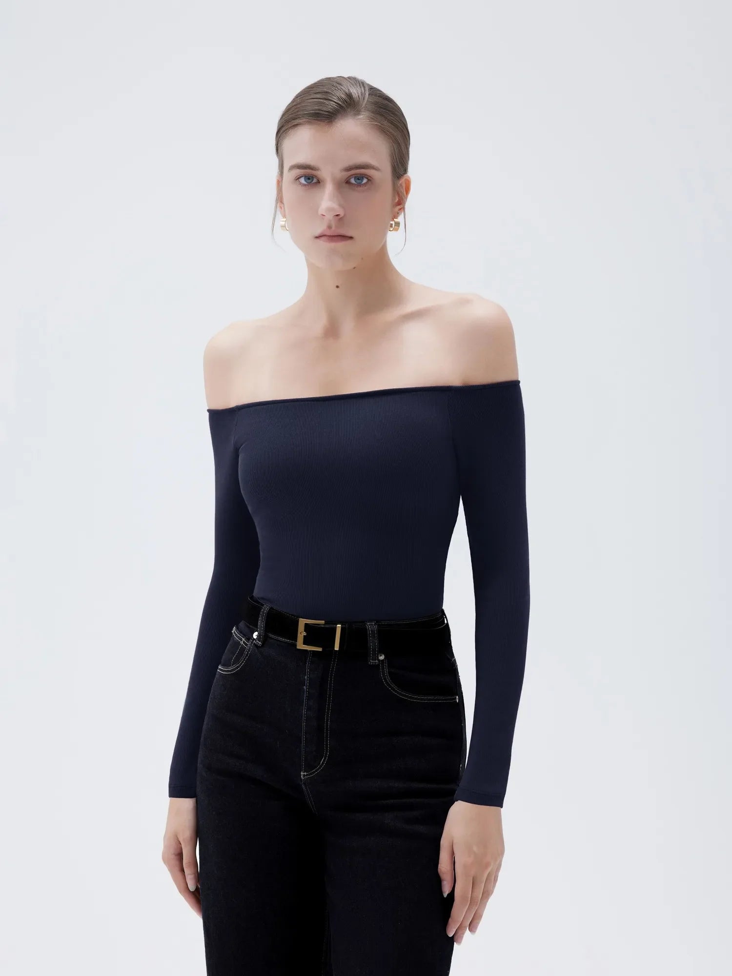 Ribbed Padded Off Shoulder Shirt - Long Sleeve