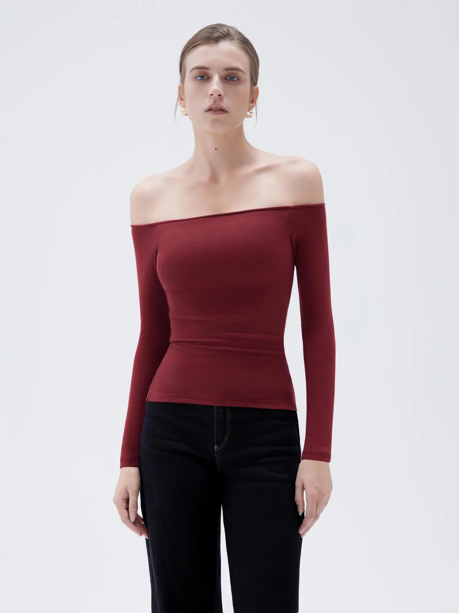 Ribbed Padded Off Shoulder Shirt - Long Sleeve