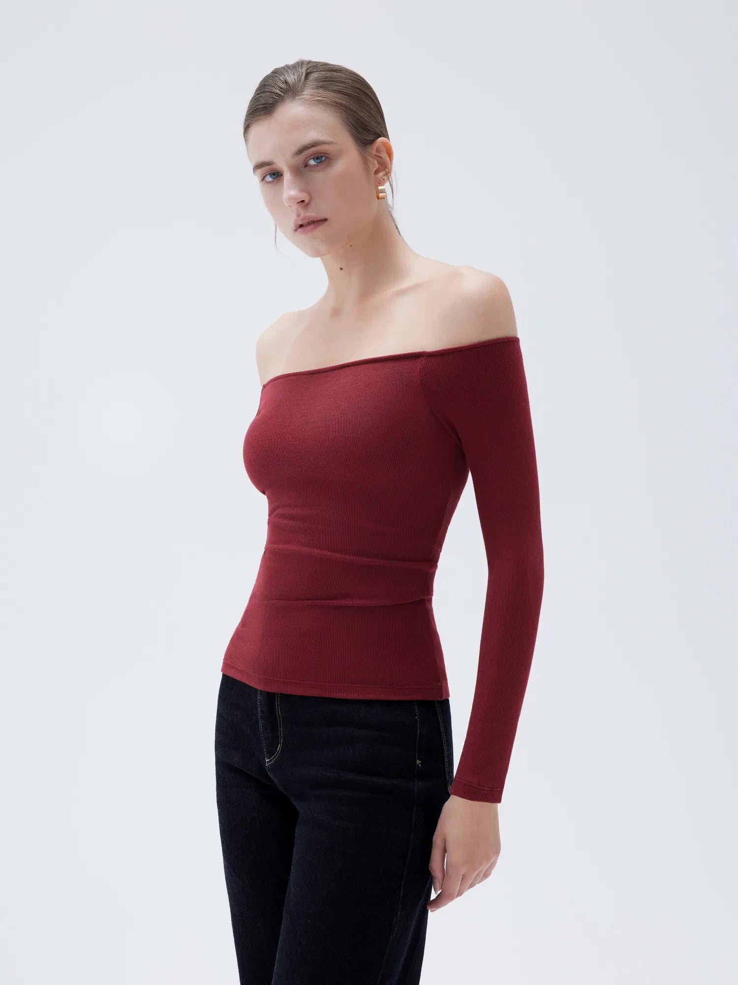 Ribbed Padded Off Shoulder Shirt - Long Sleeve