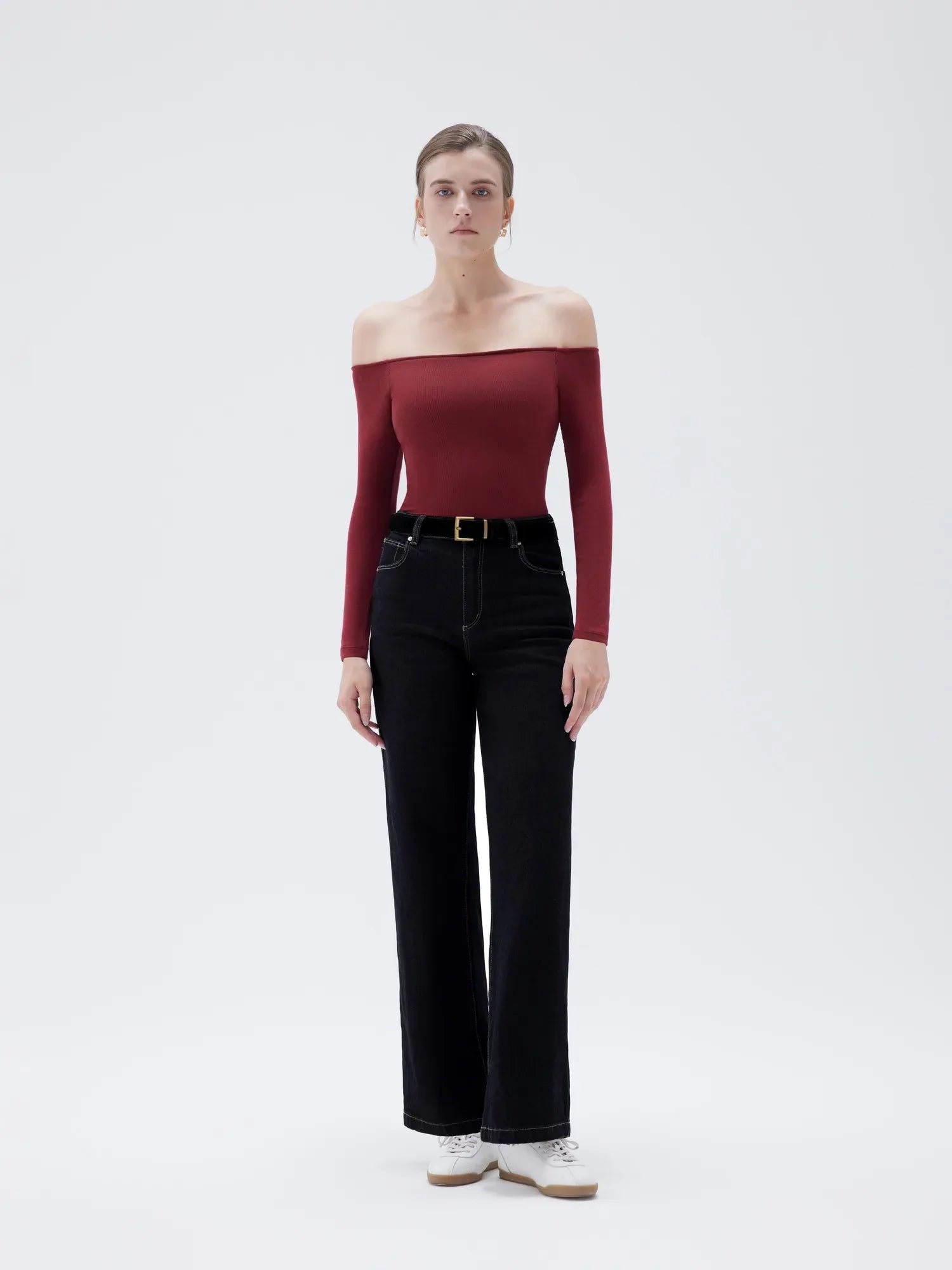 Ribbed Padded Off Shoulder Shirt - Long Sleeve