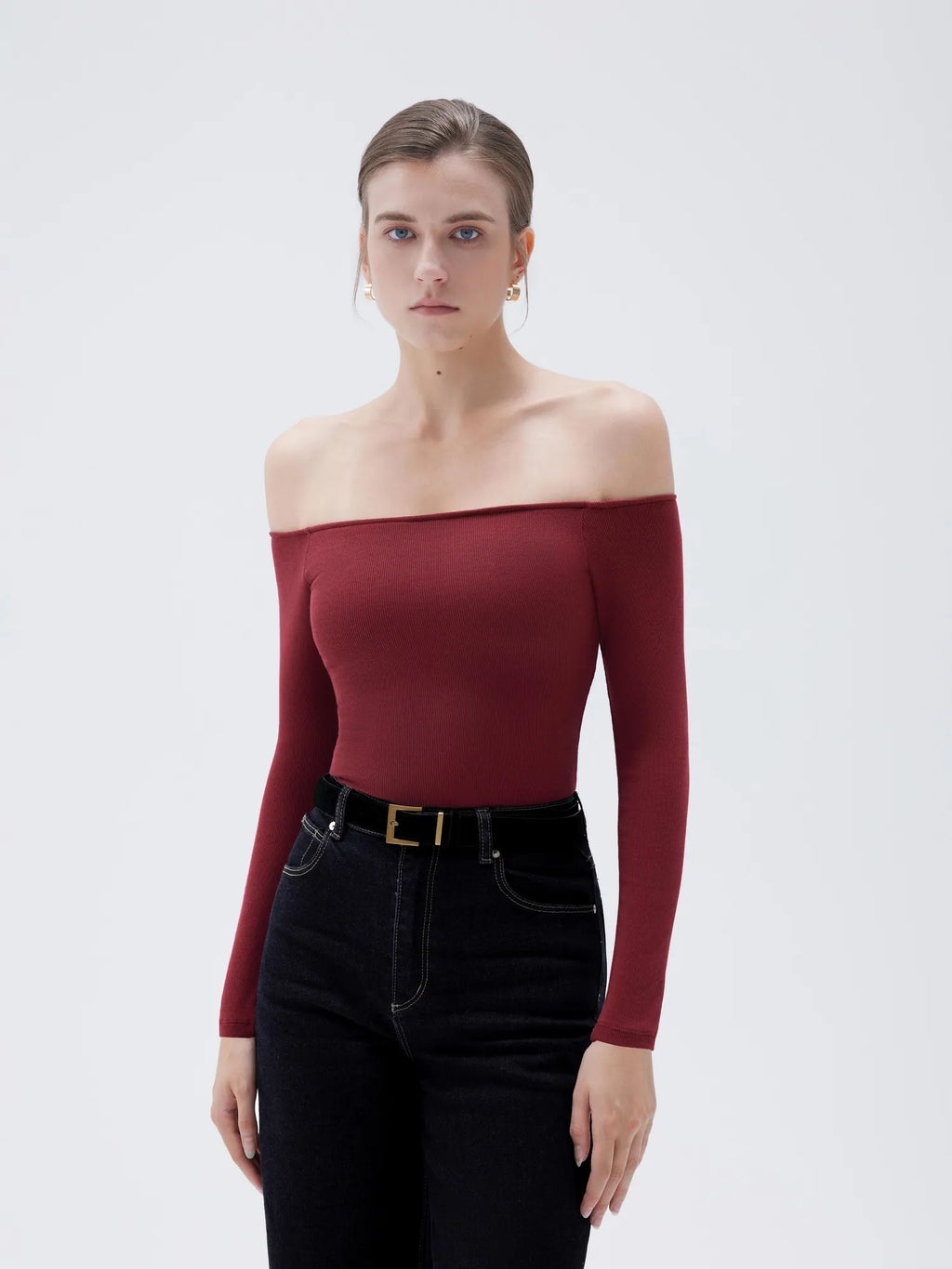 Ribbed Padded Off Shoulder Shirt - Long Sleeve