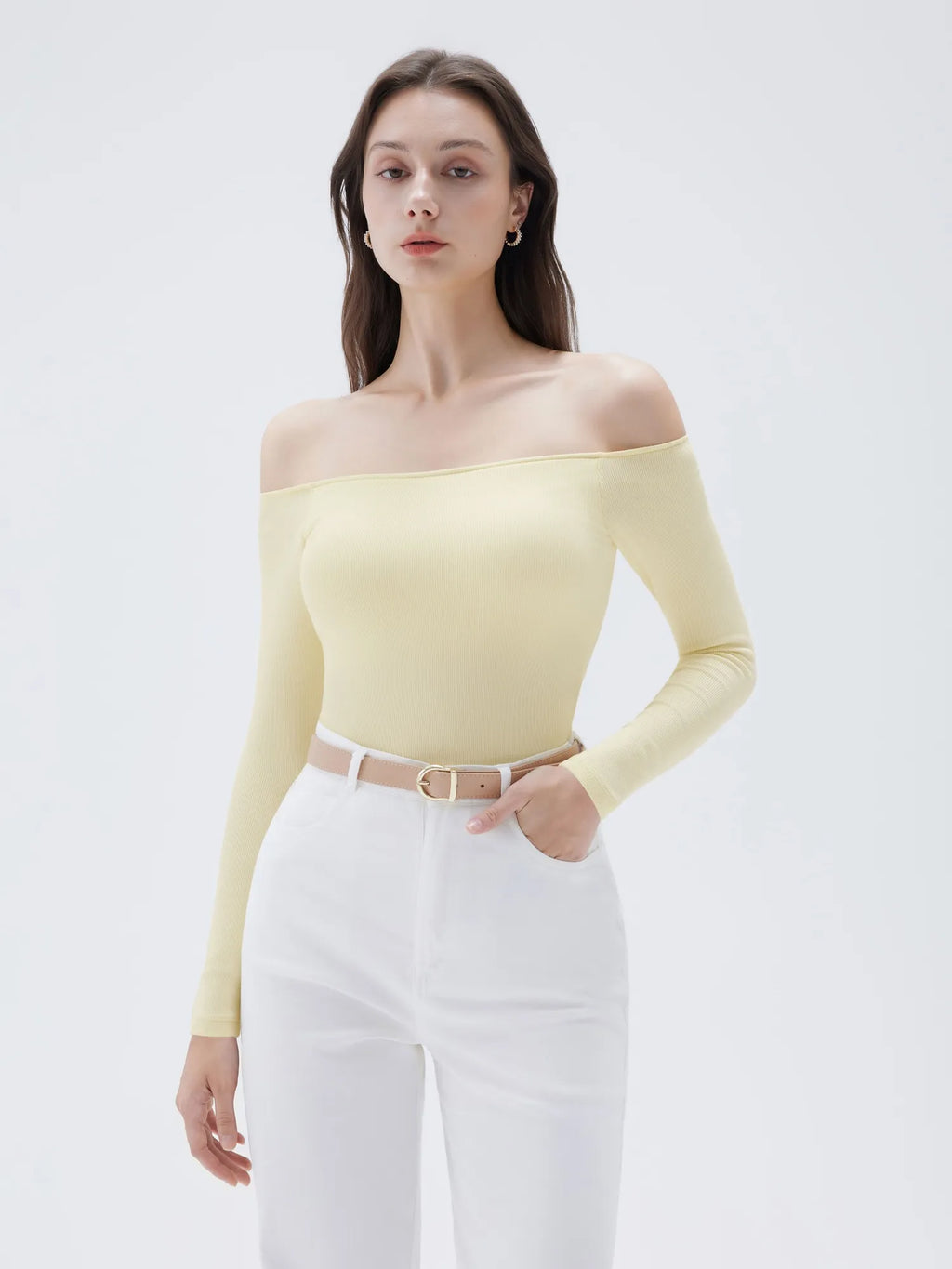 Ribbed Padded Off Shoulder Shirt - Long Sleeve