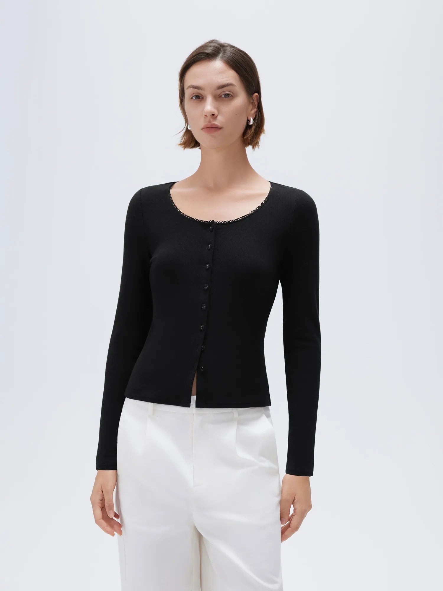 Cotton Ribbed Lace Crew Neck Shirt - Long Sleeve