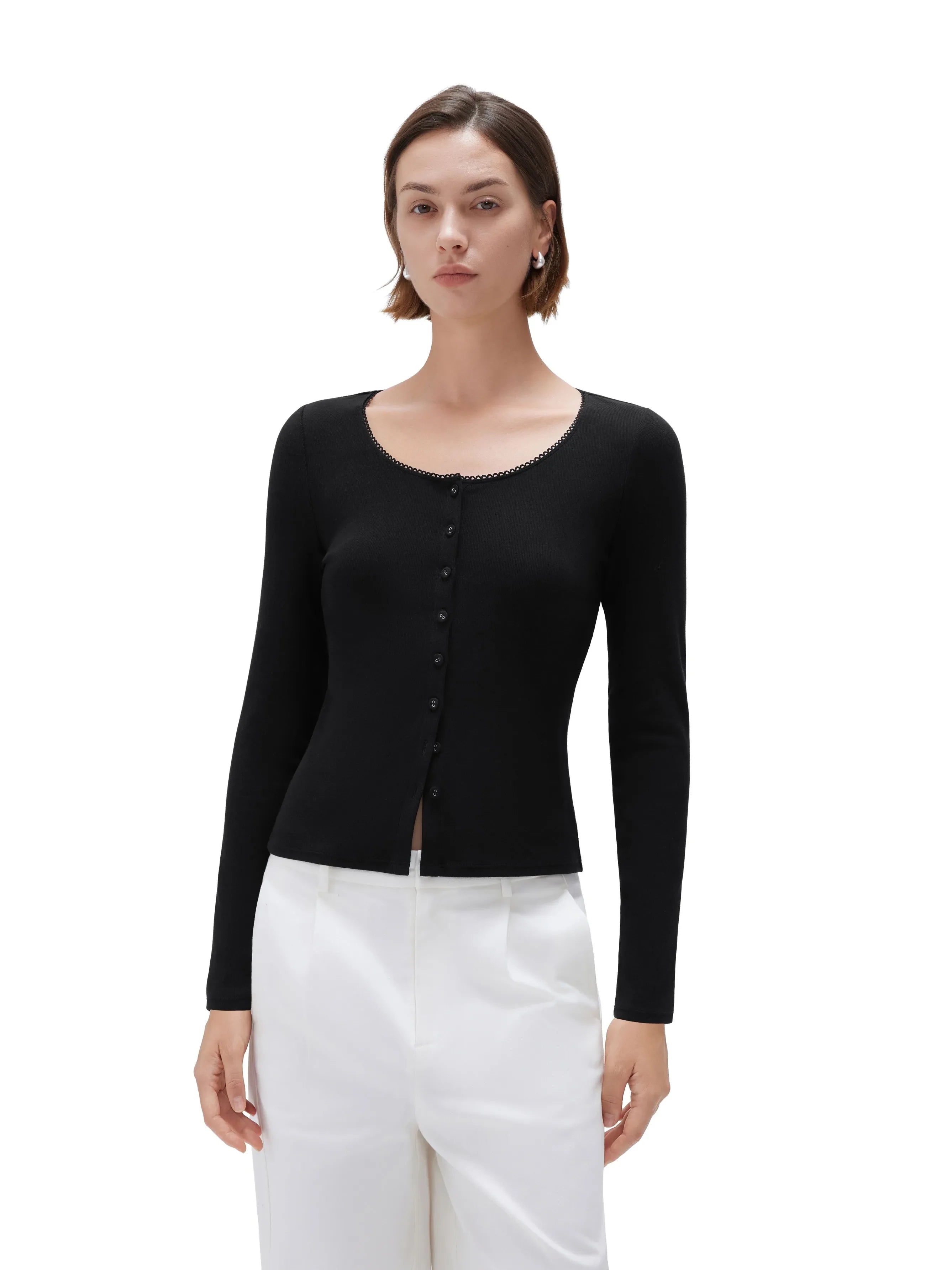 Cotton Ribbed Lace Crew Neck Shirt - Long Sleeve