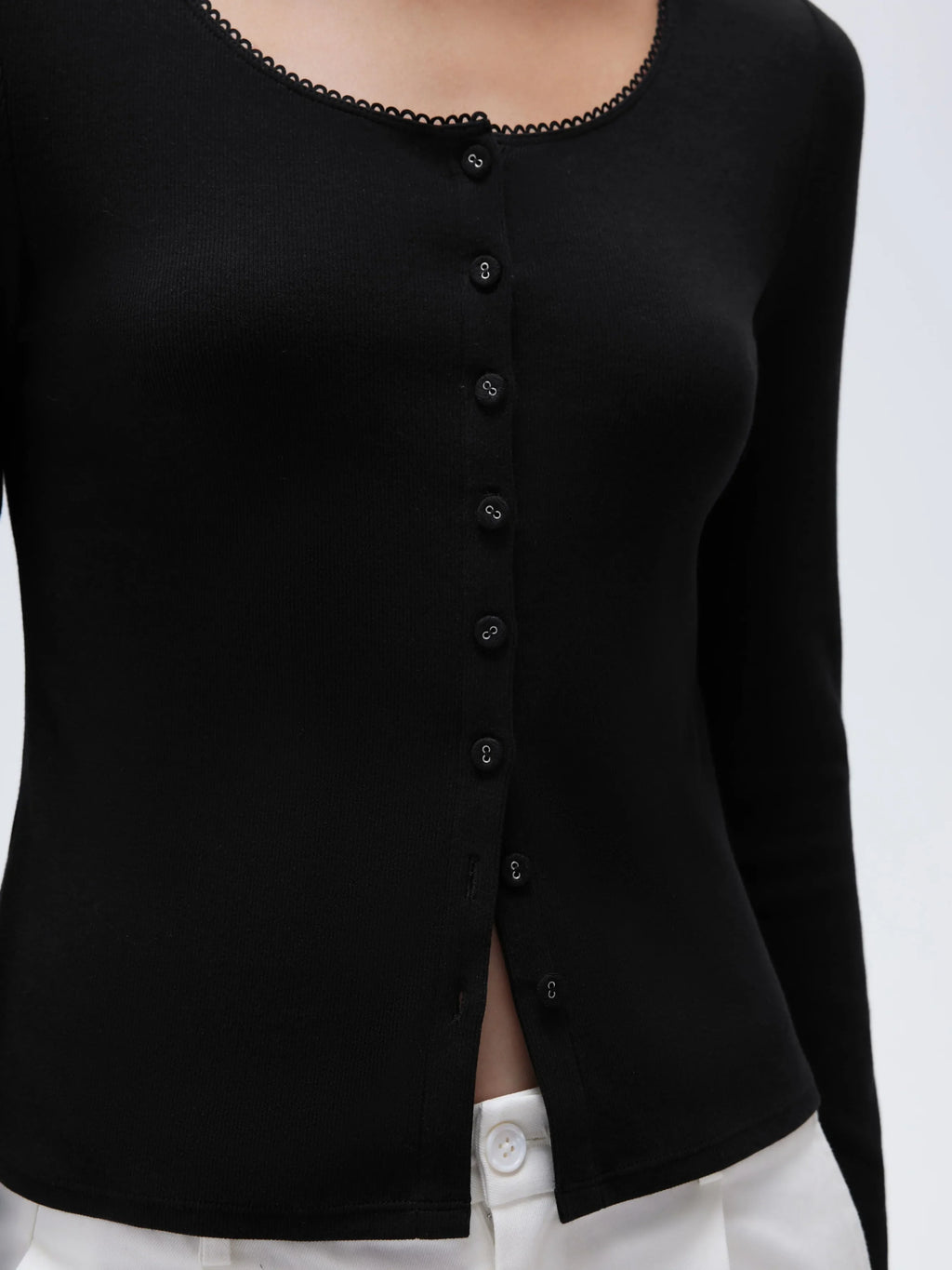 Cotton Ribbed Lace Crew Neck Shirt - Long Sleeve