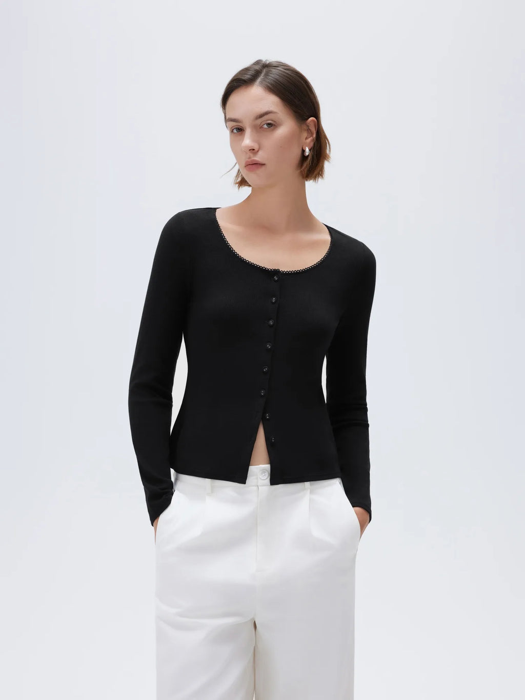 Cotton Ribbed Lace Crew Neck Shirt - Long Sleeve