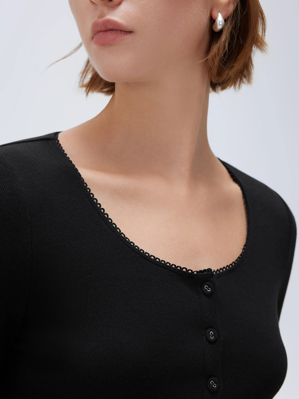 Cotton Ribbed Lace Crew Neck Shirt - Long Sleeve