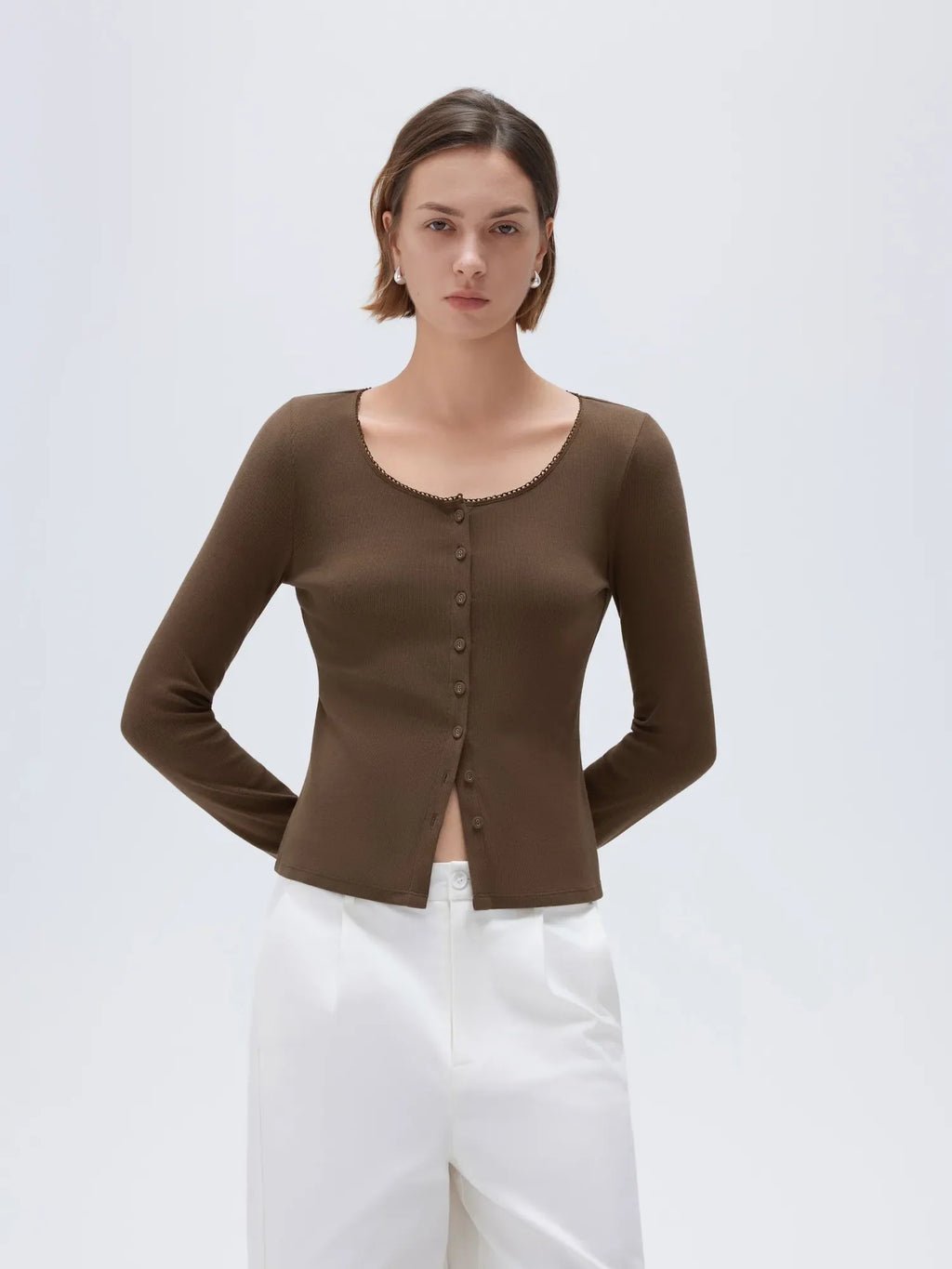 Cotton Ribbed Lace Crew Neck Shirt - Long Sleeve