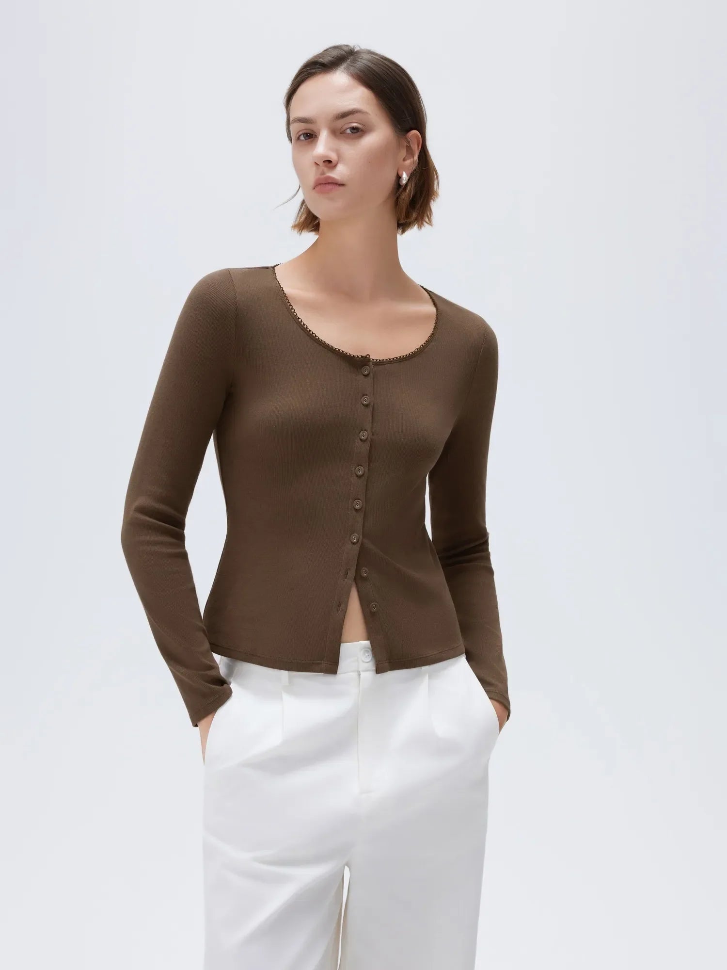 Cotton Ribbed Lace Crew Neck Shirt - Long Sleeve