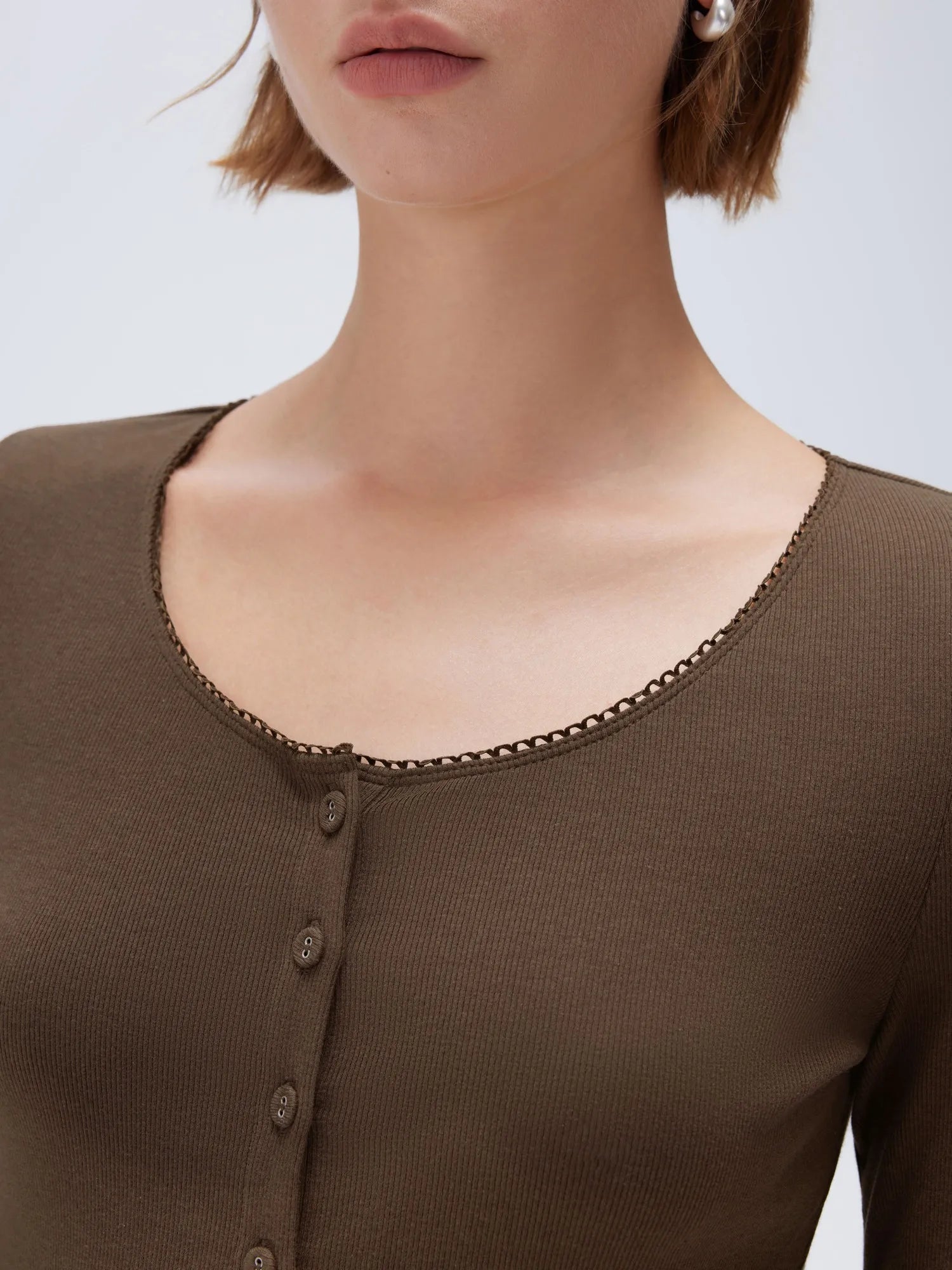 Cotton Ribbed Lace Crew Neck Shirt - Long Sleeve
