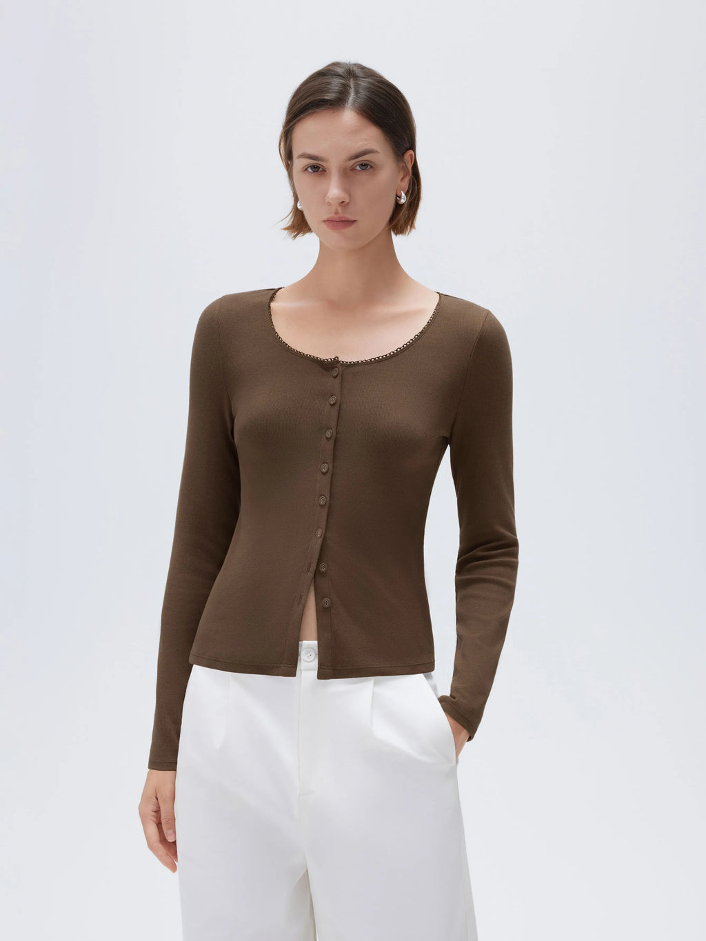 Cotton Ribbed Lace Crew Neck Shirt - Long Sleeve