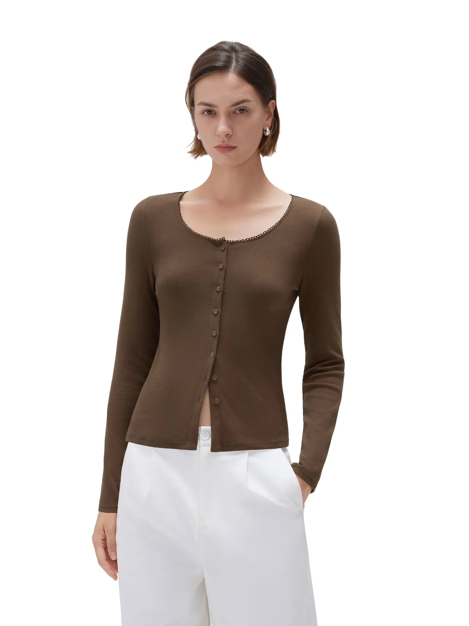 Cotton Ribbed Lace Crew Neck Shirt - Long Sleeve