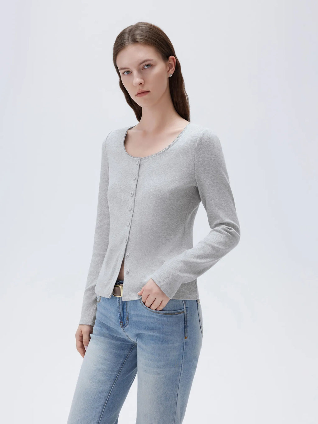 Cotton Ribbed Lace Crew Neck Shirt - Long Sleeve