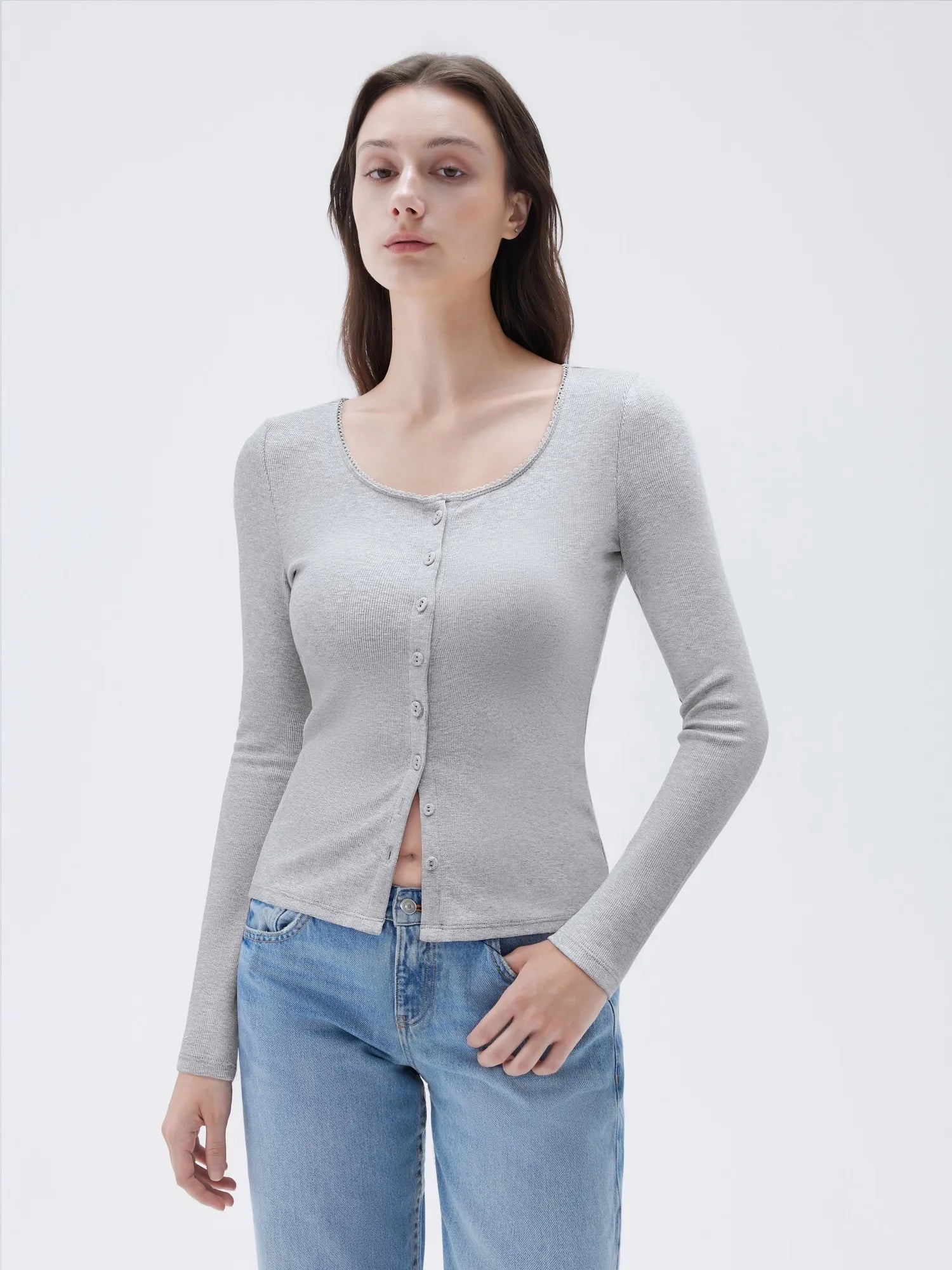 Cotton Ribbed Lace Crew Neck Shirt - Long Sleeve