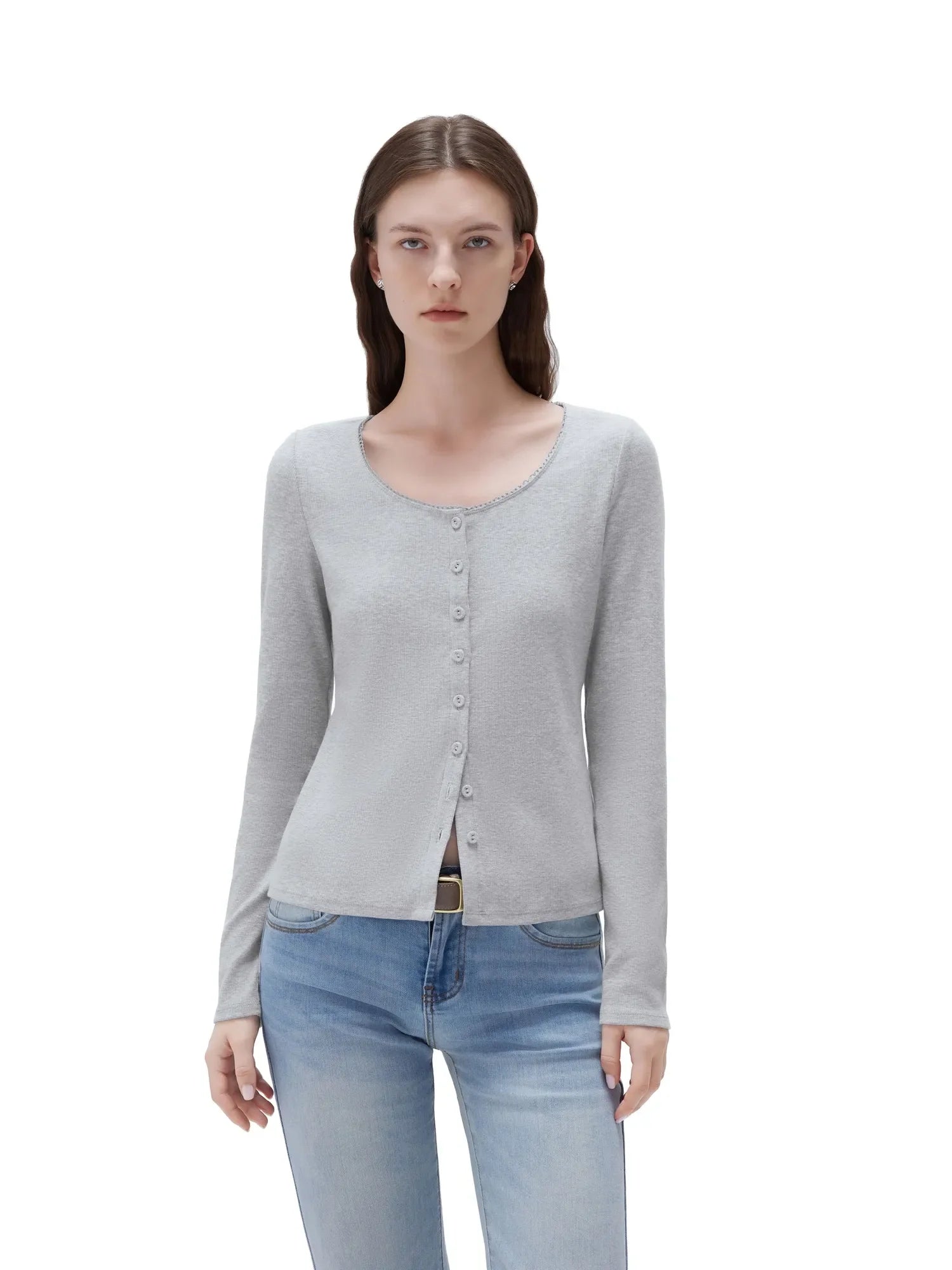 Cotton Ribbed Lace Crew Neck Shirt - Long Sleeve