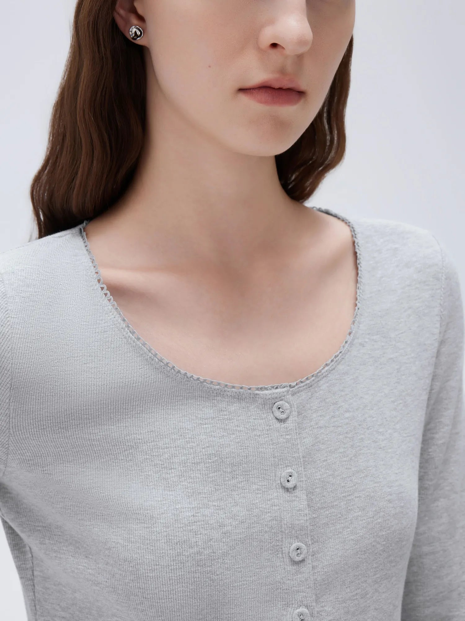 Cotton Ribbed Lace Crew Neck Shirt - Long Sleeve