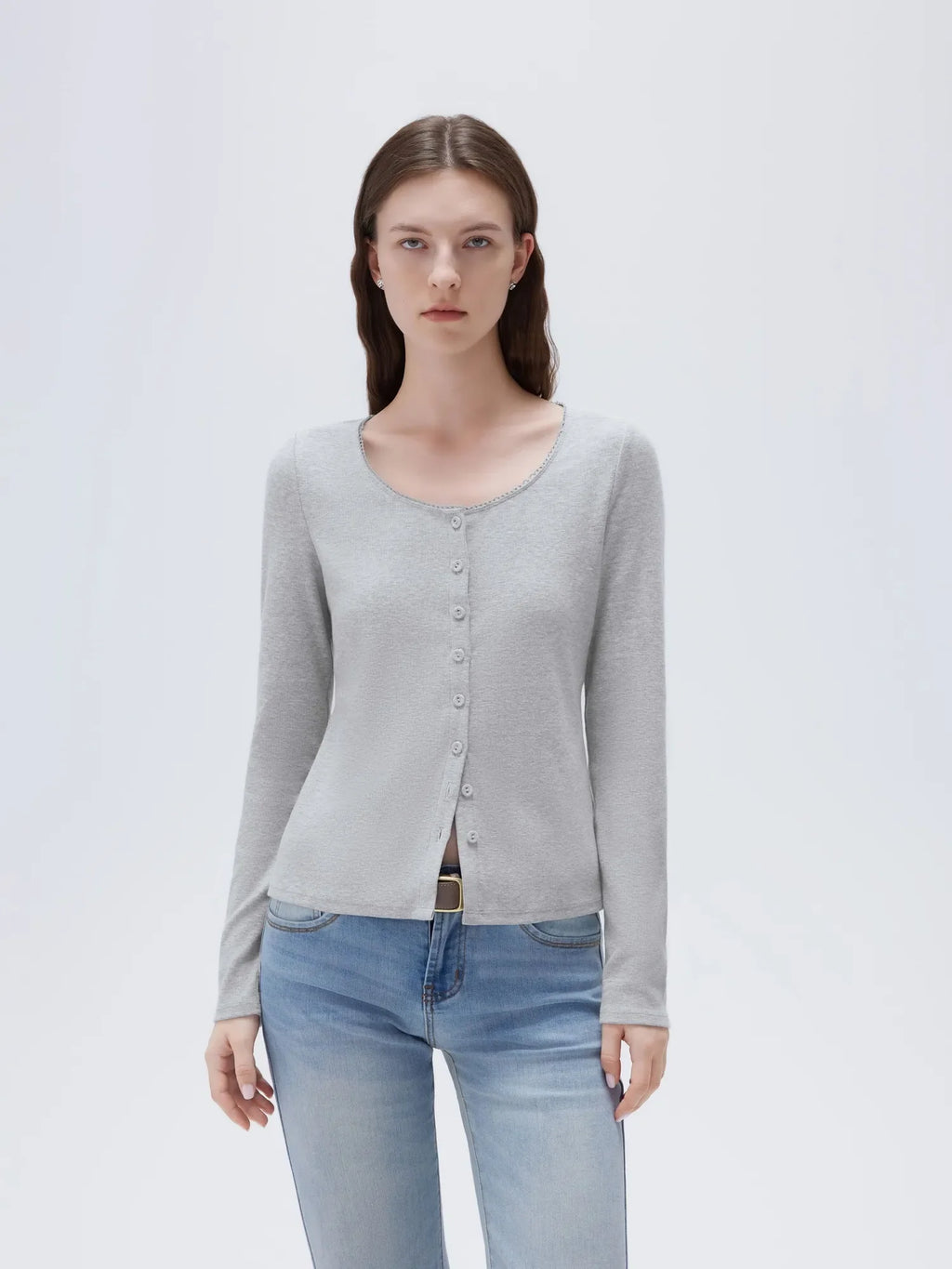 Cotton Ribbed Lace Crew Neck Shirt - Long Sleeve