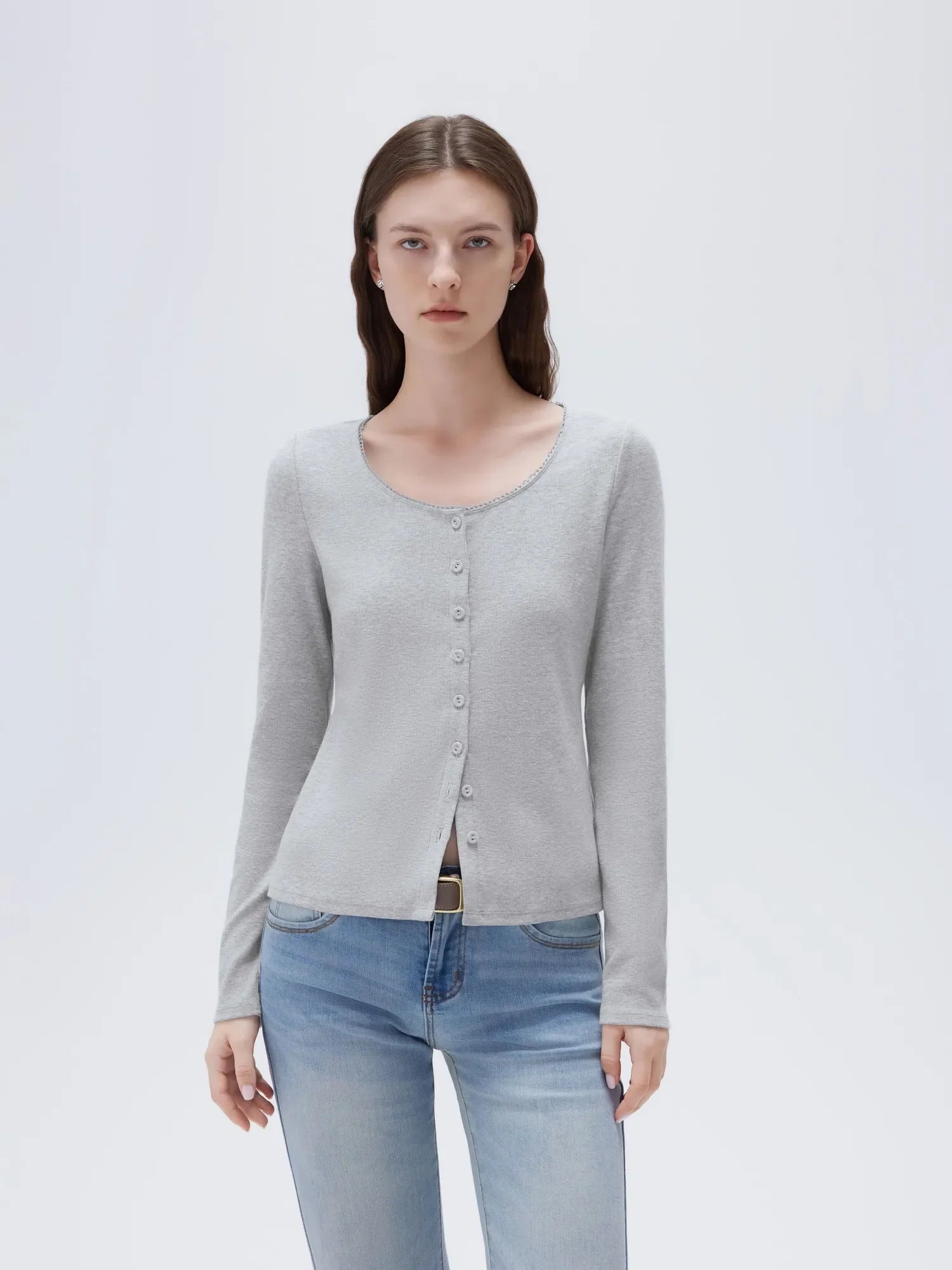 Cotton Ribbed Lace Crew Neck Shirt - Long Sleeve