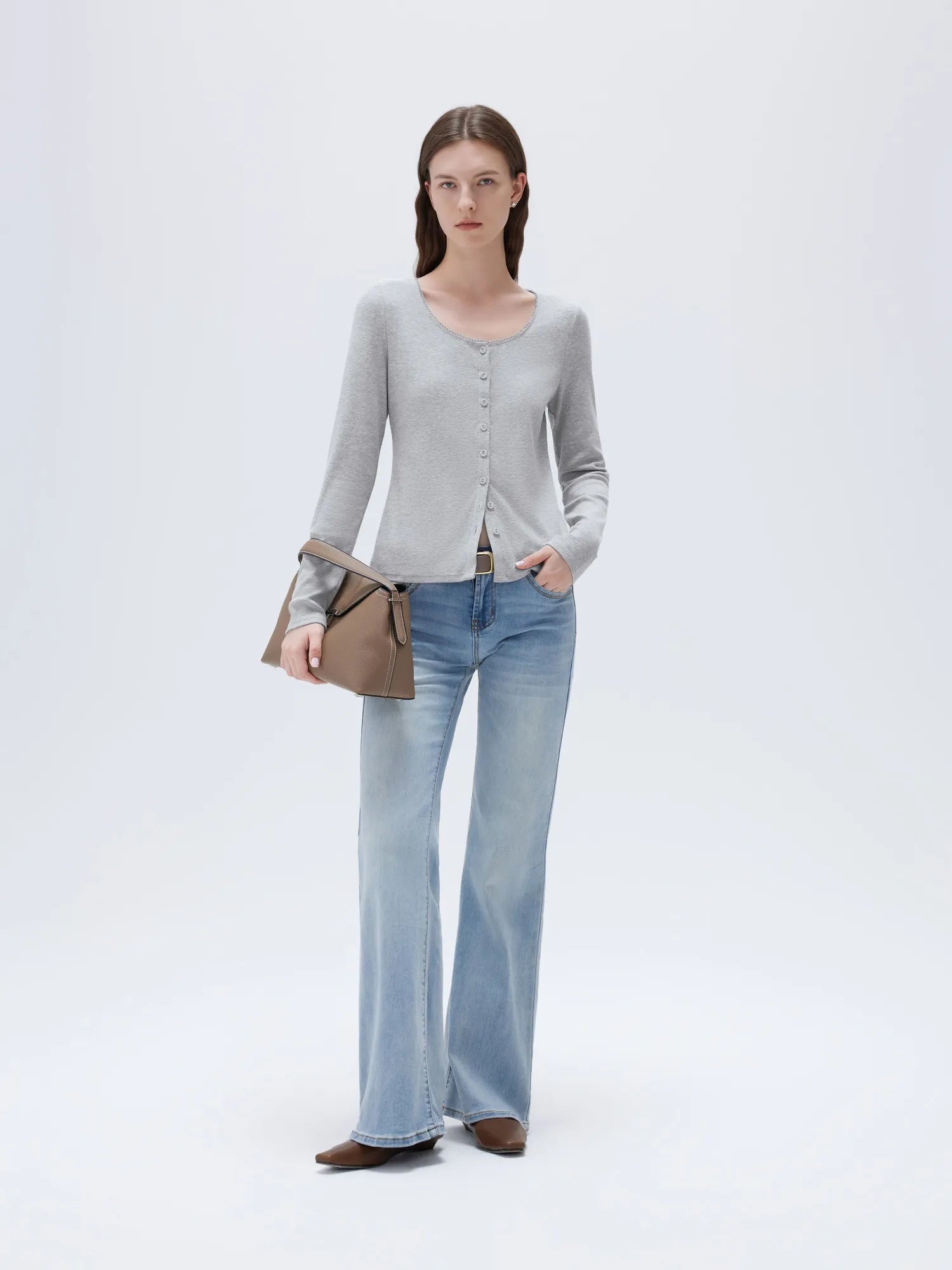 Cotton Ribbed Lace Crew Neck Shirt - Long Sleeve