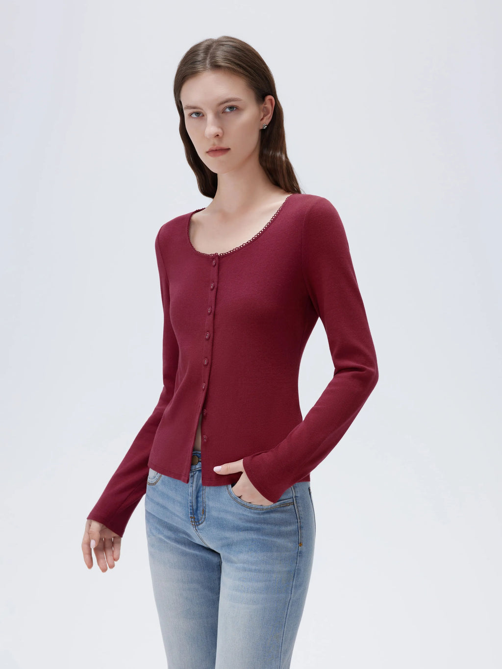 Cotton Ribbed Lace Crew Neck Shirt - Long Sleeve