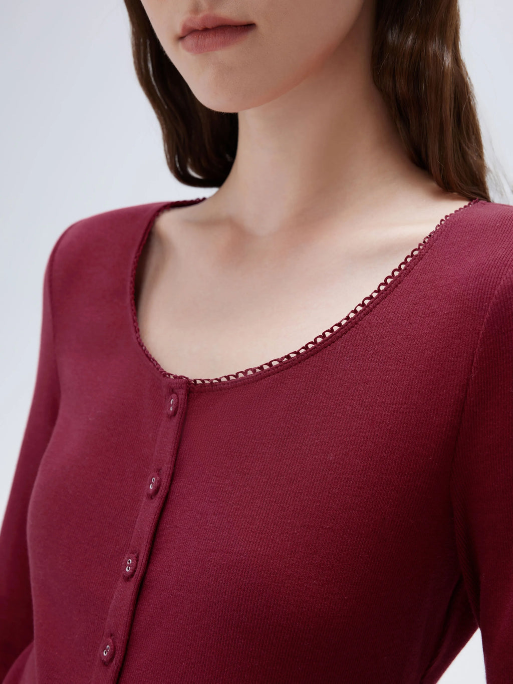 Cotton Ribbed Lace Crew Neck Shirt - Long Sleeve