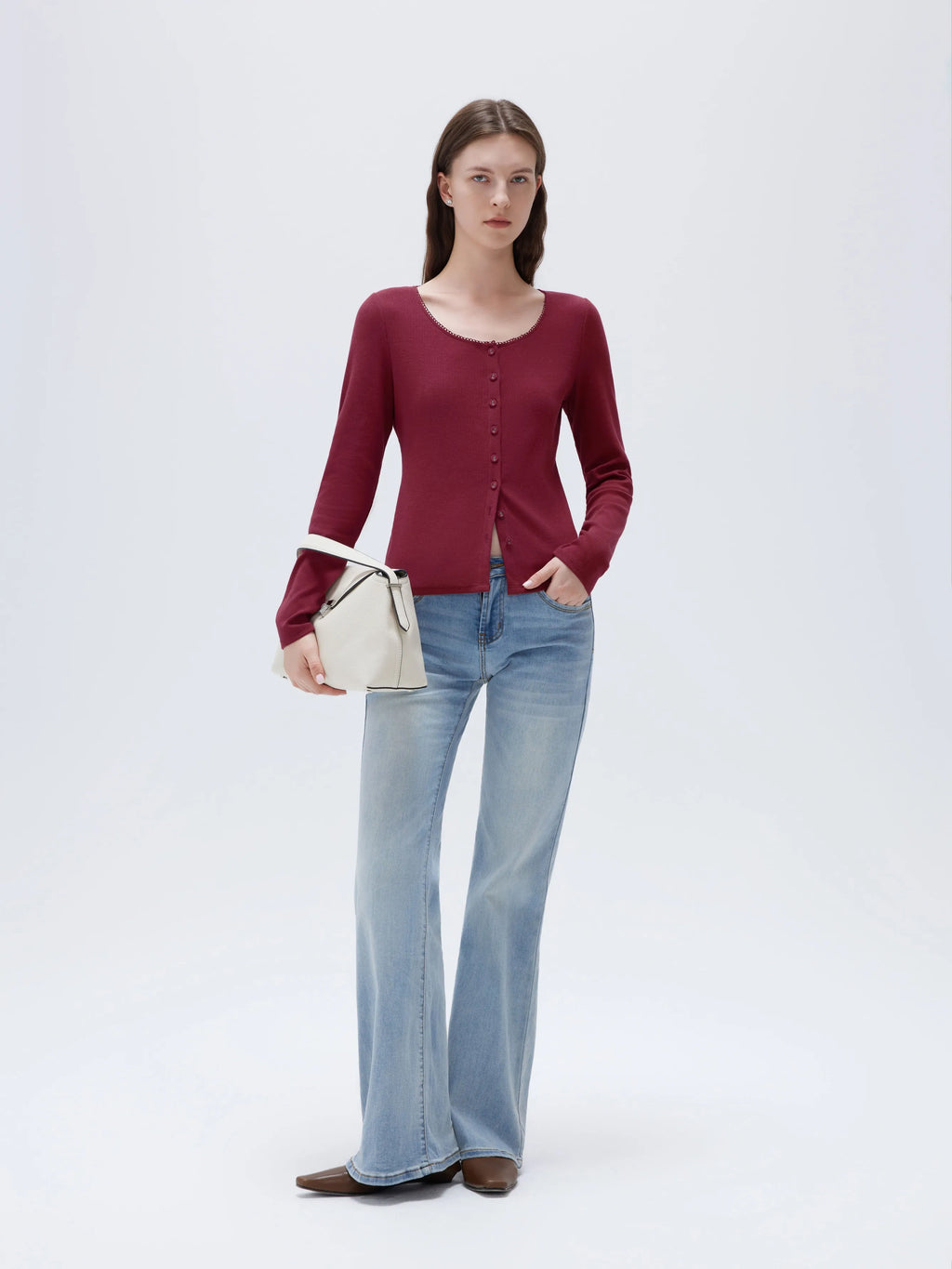 Cotton Ribbed Lace Crew Neck Shirt - Long Sleeve