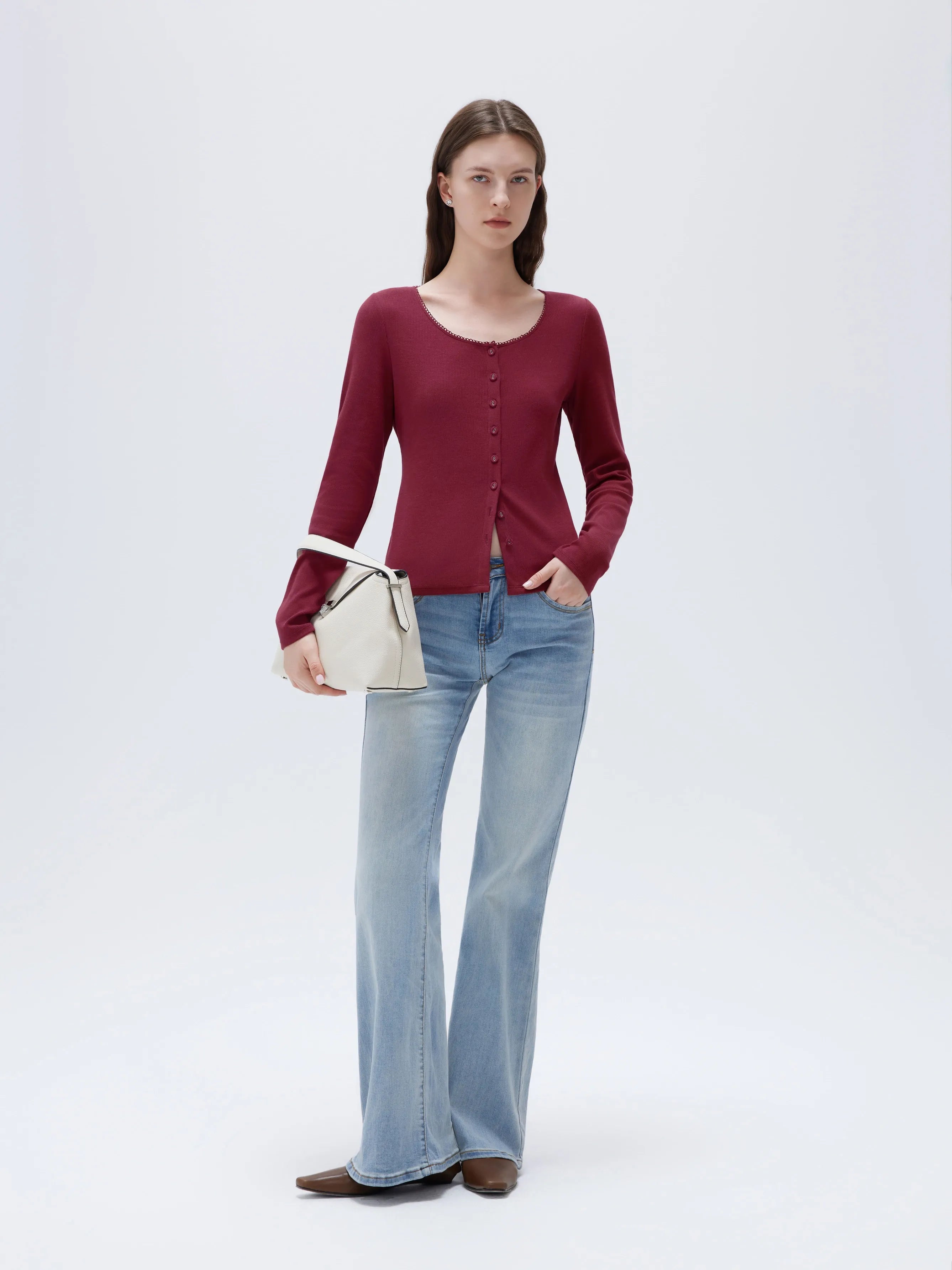 Cotton Ribbed Lace Crew Neck Shirt - Long Sleeve