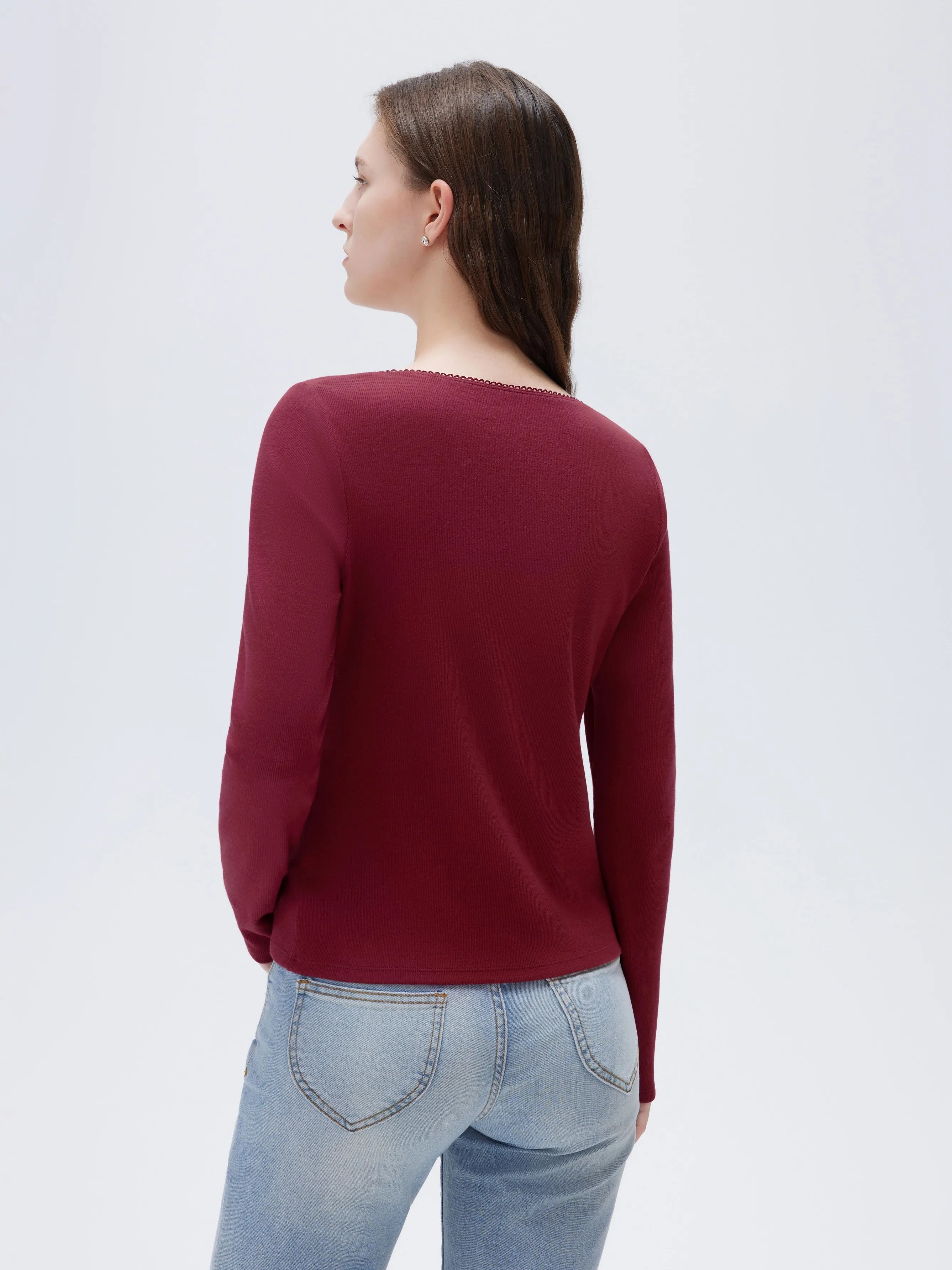 Cotton Ribbed Lace Crew Neck Shirt - Long Sleeve