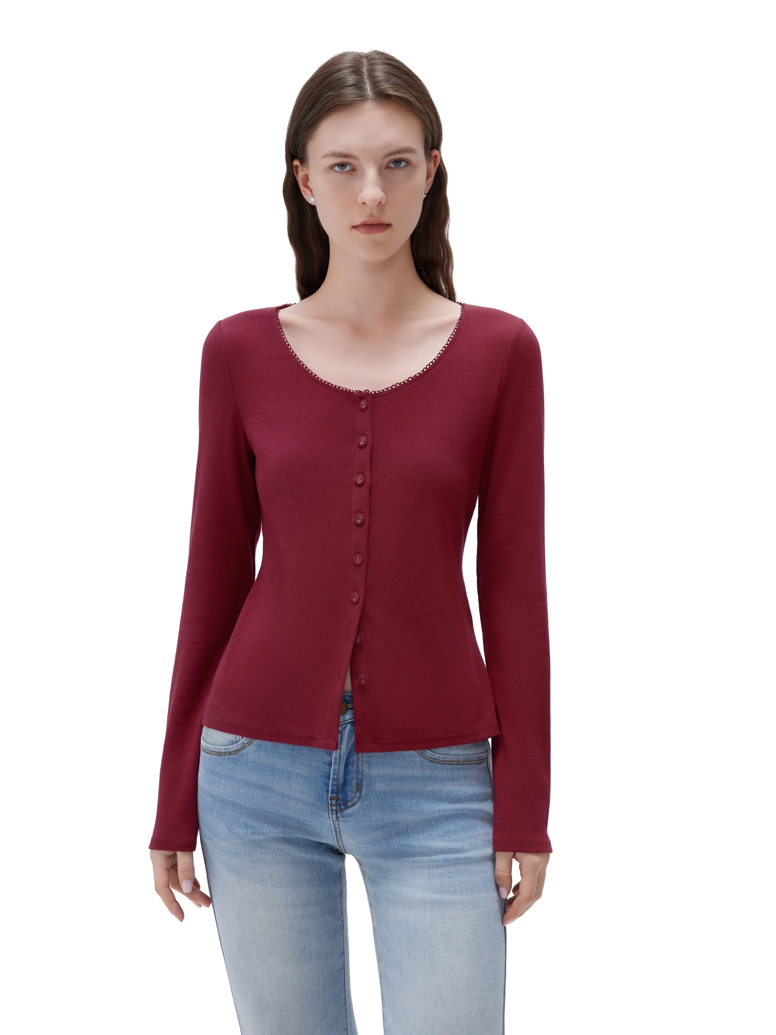 Cotton Ribbed Lace Crew Neck Shirt - Long Sleeve