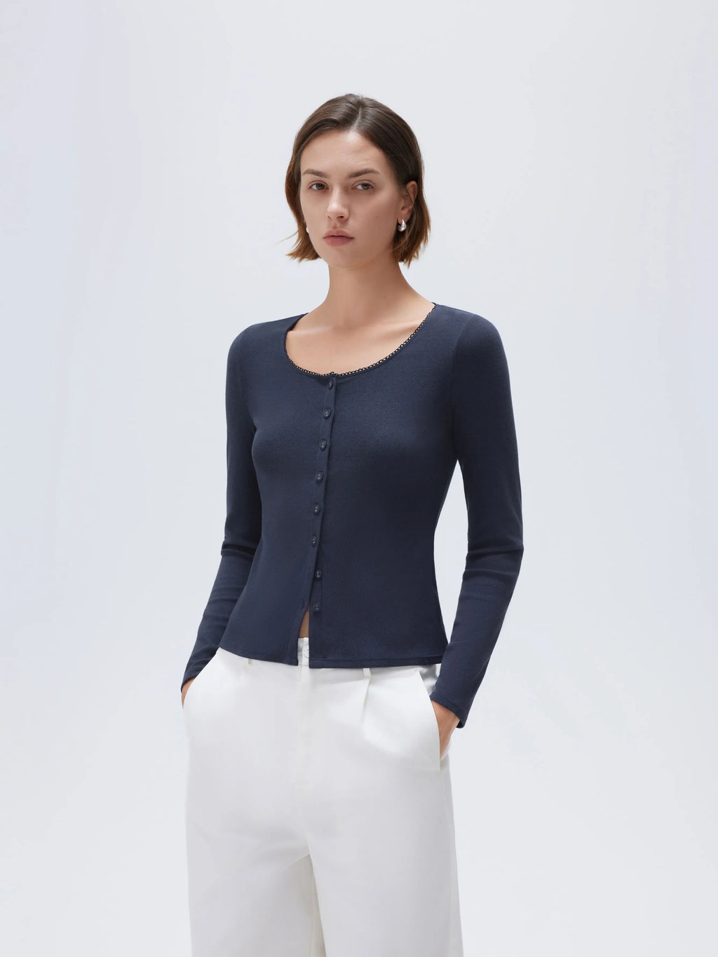 Cotton Ribbed Lace Crew Neck Shirt - Long Sleeve