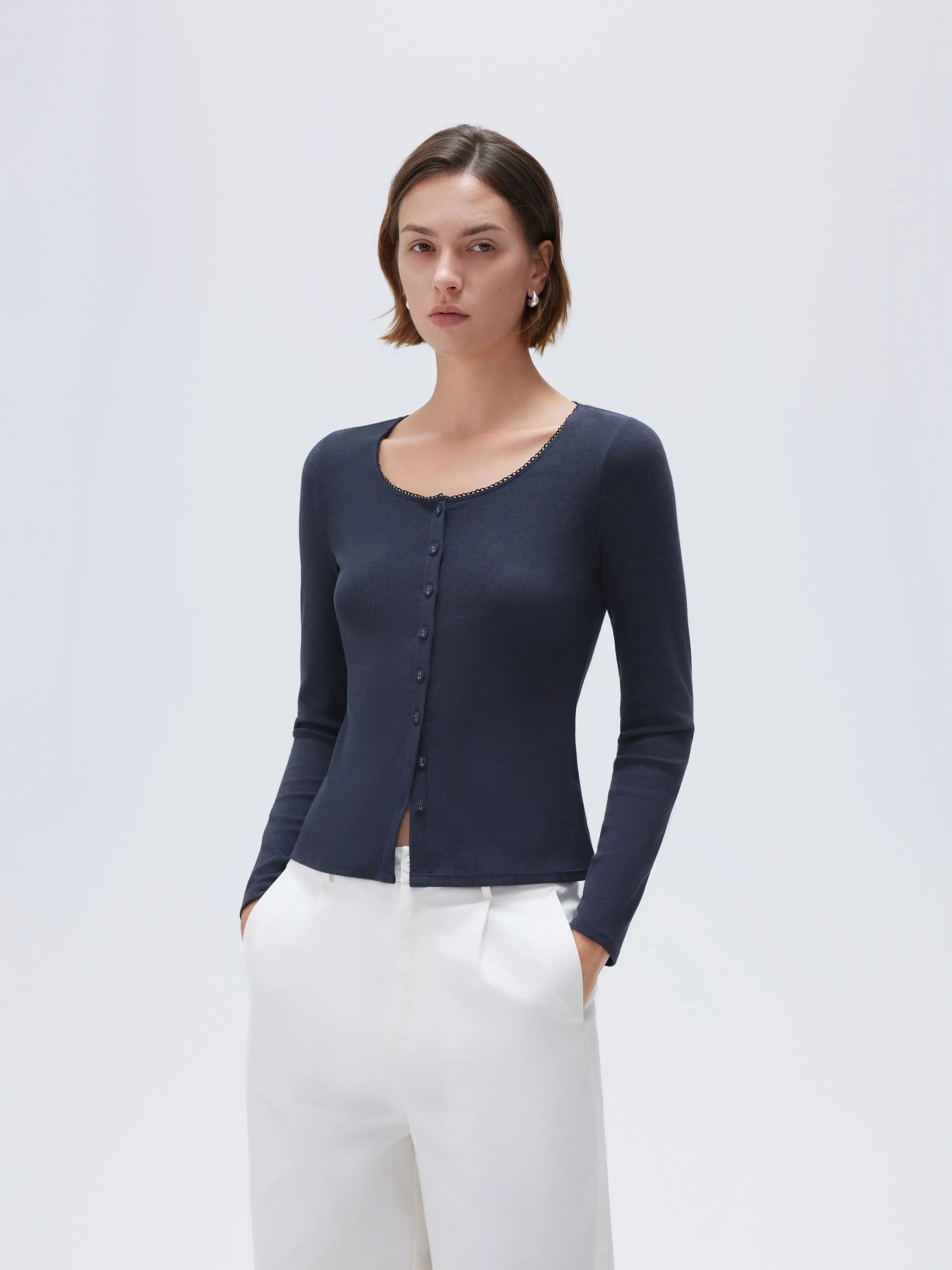 Cotton Ribbed Lace Crew Neck Shirt - Long Sleeve