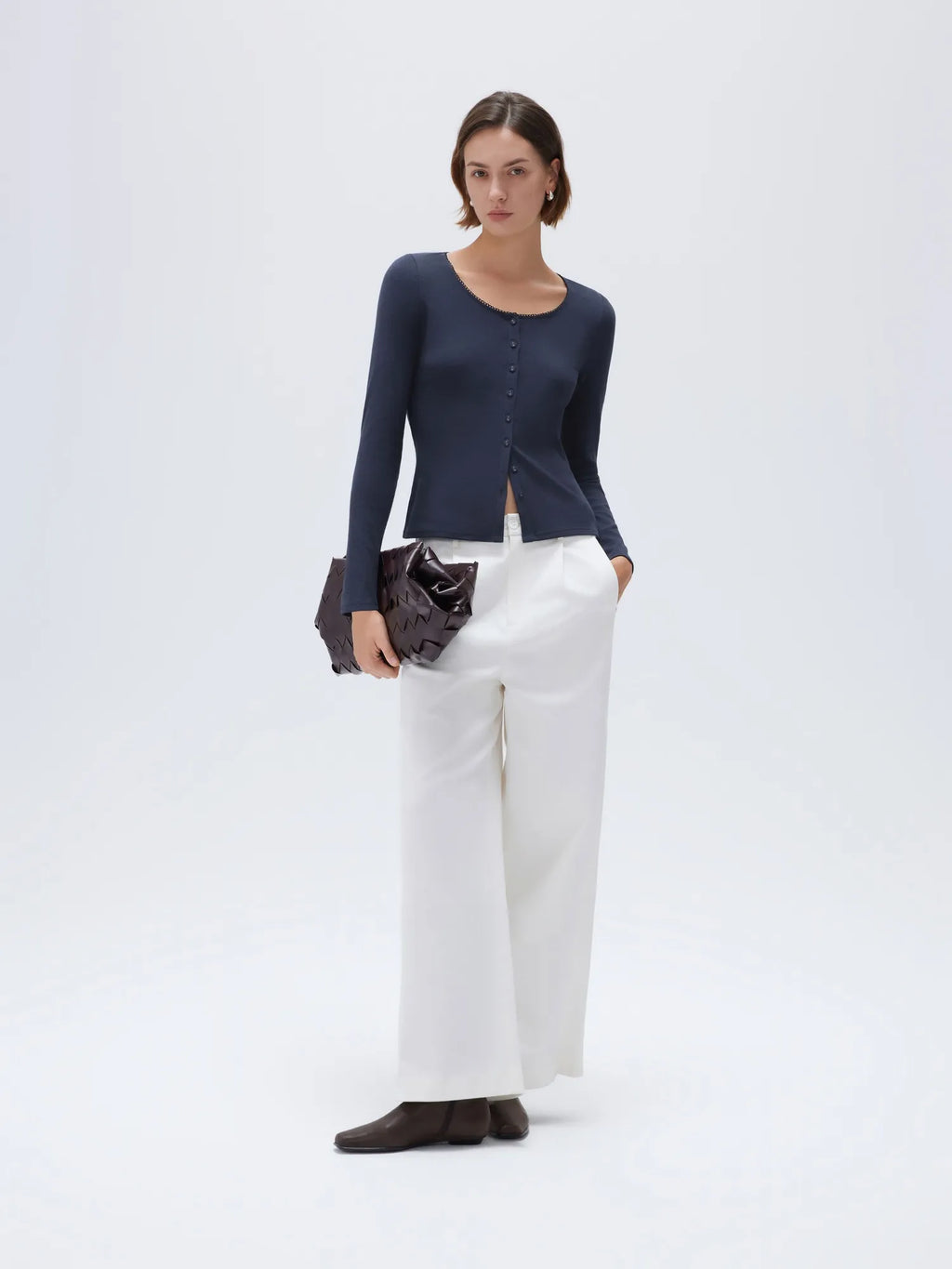 Cotton Ribbed Lace Crew Neck Shirt - Long Sleeve