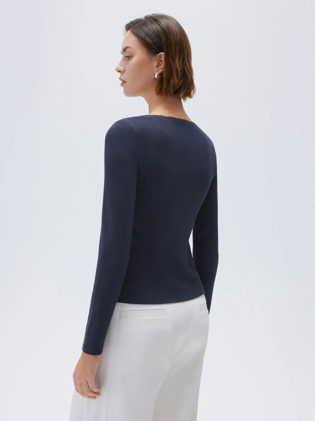 Cotton Ribbed Lace Crew Neck Shirt - Long Sleeve