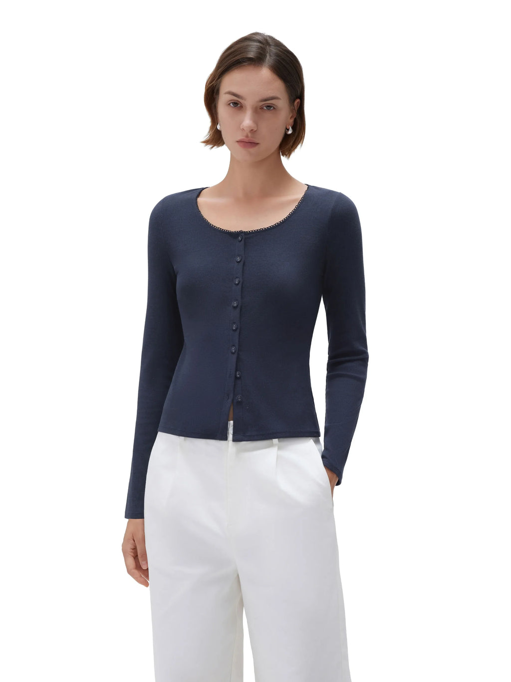 Cotton Ribbed Lace Crew Neck Shirt - Long Sleeve