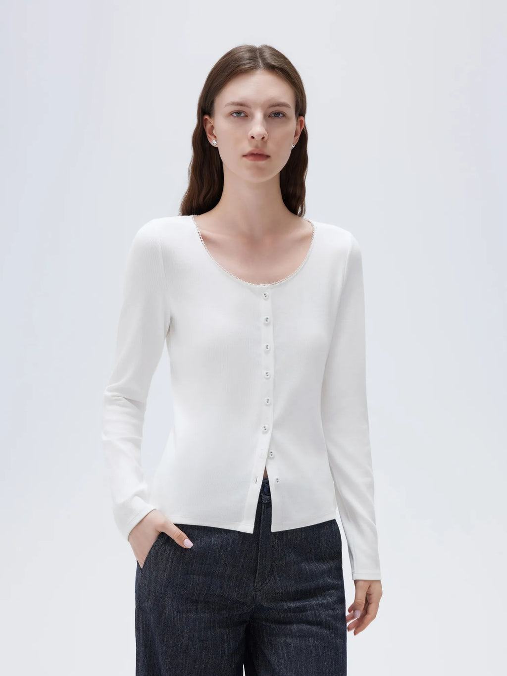 Cotton Ribbed Lace Crew Neck Shirt - Long Sleeve