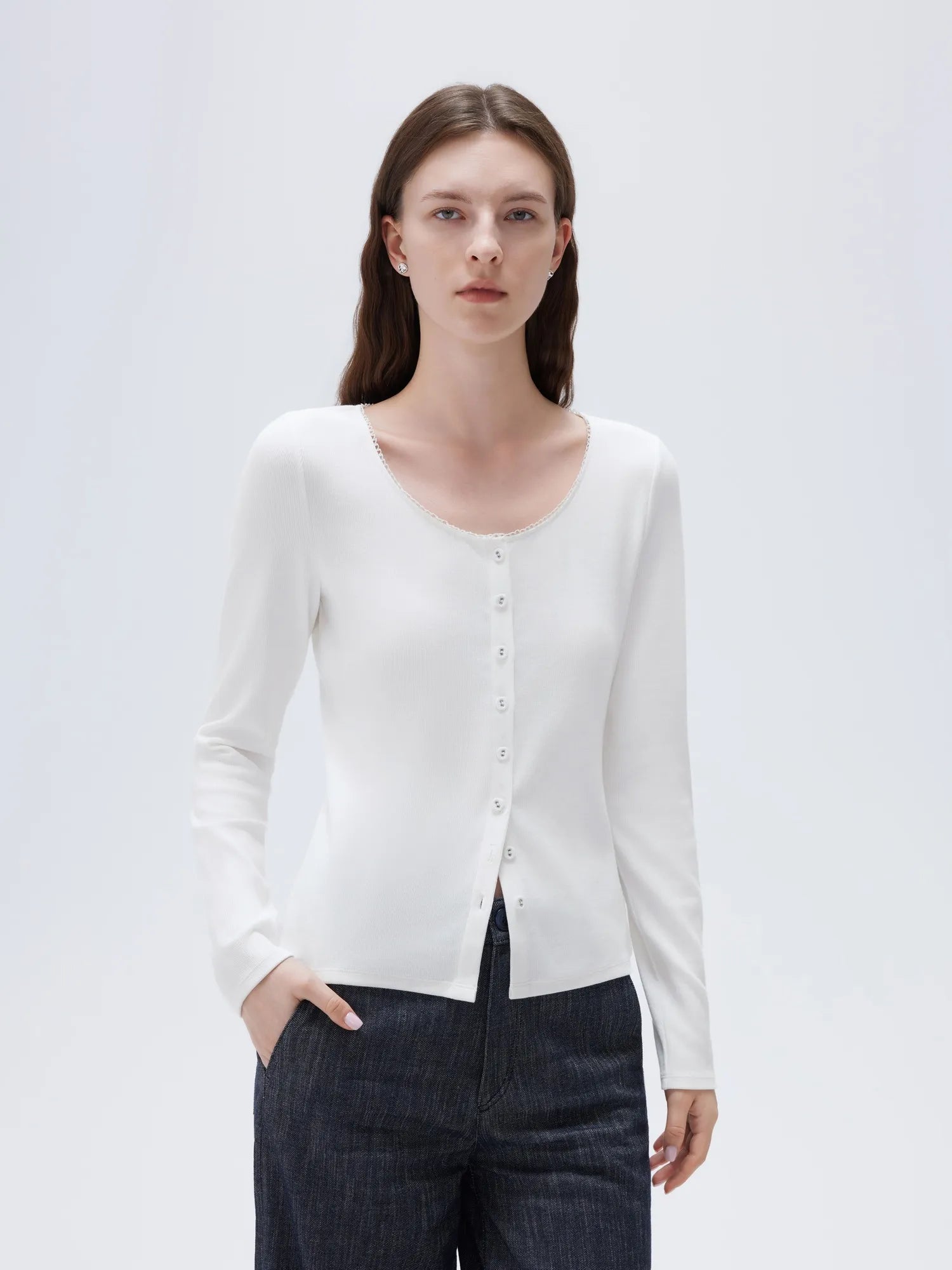 Cotton Ribbed Lace Crew Neck Shirt - Long Sleeve