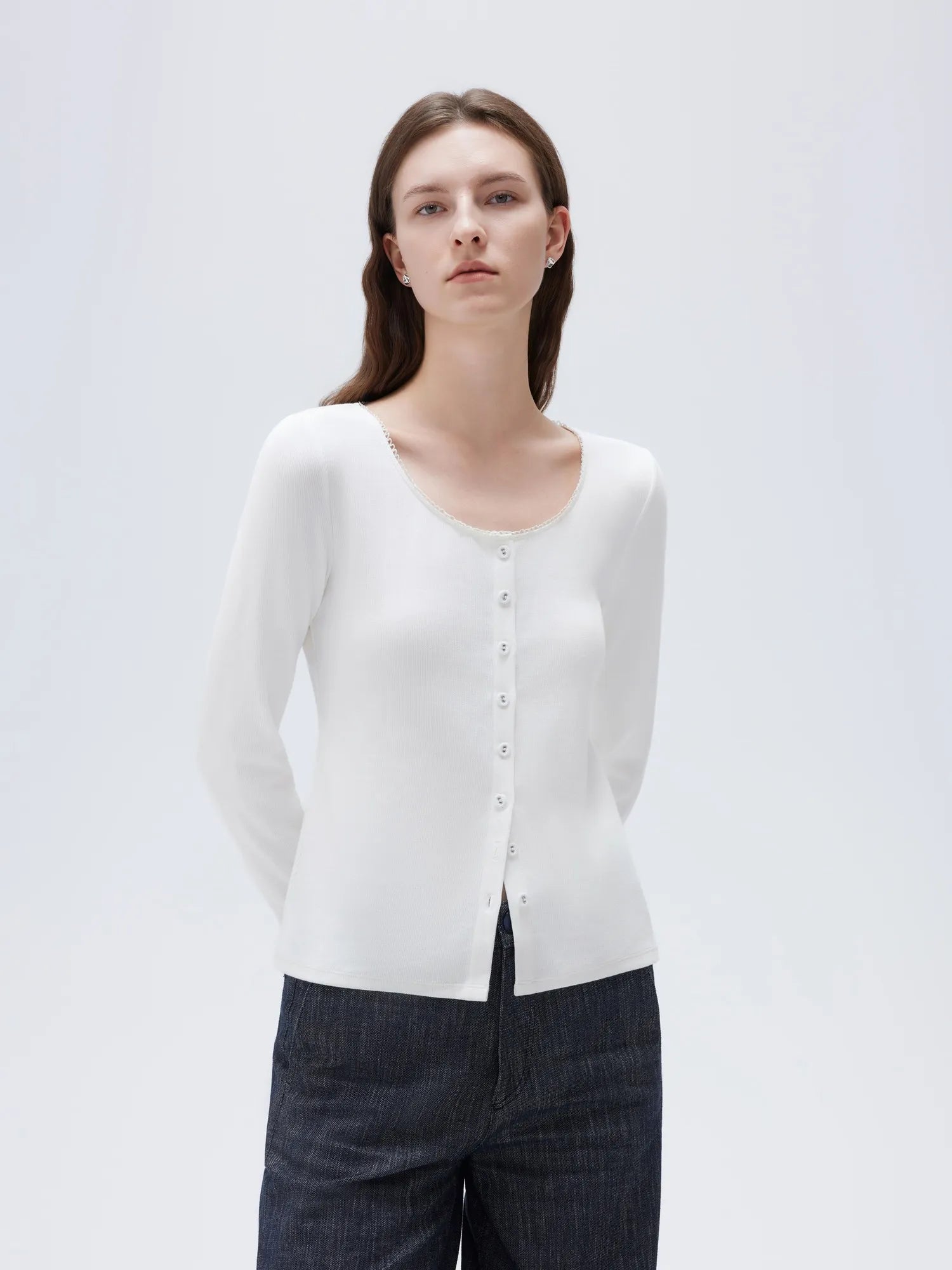 Cotton Ribbed Lace Crew Neck Shirt - Long Sleeve