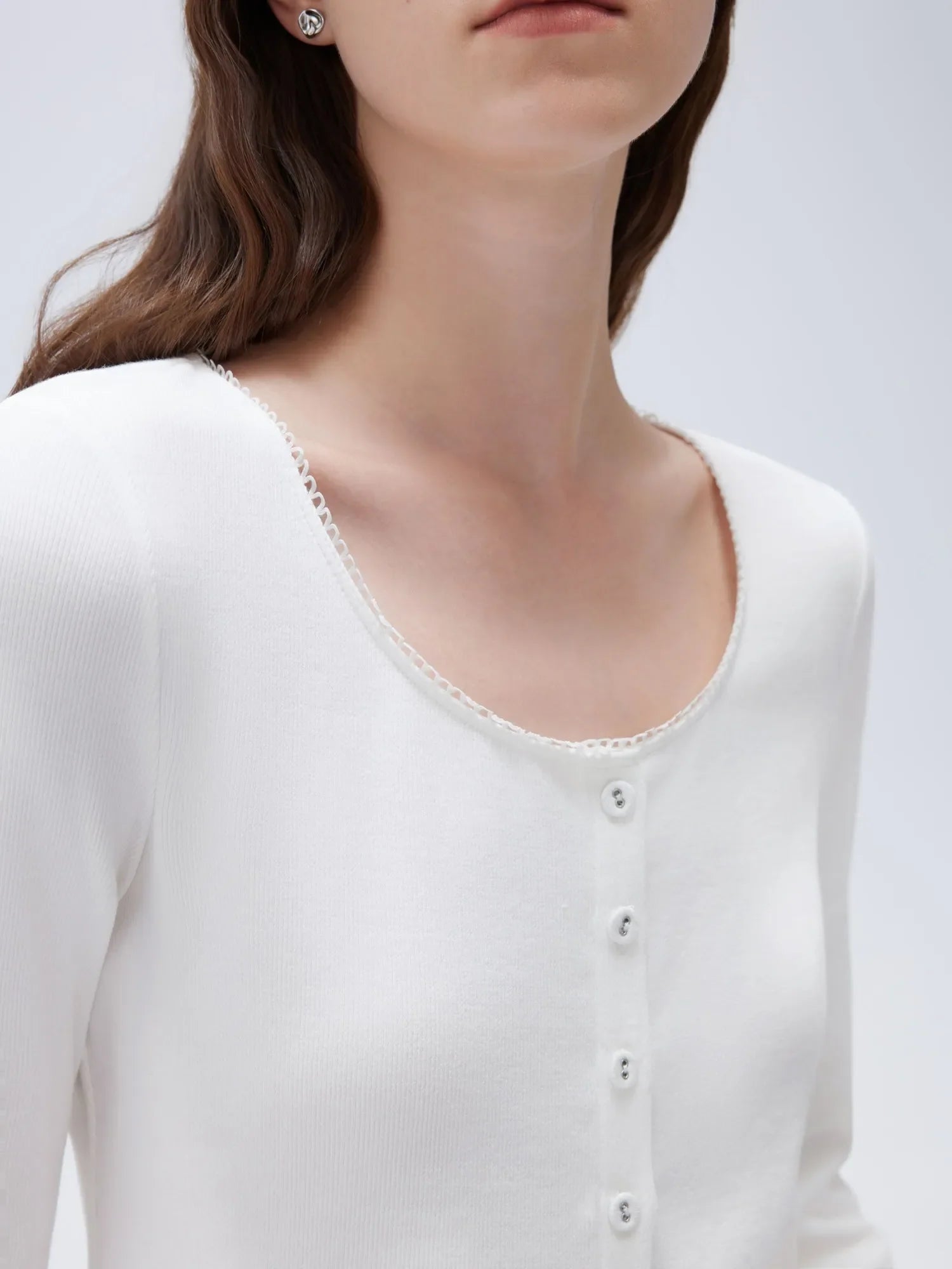 Cotton Ribbed Lace Crew Neck Shirt - Long Sleeve