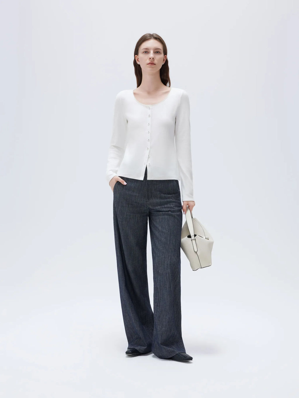 Cotton Ribbed Lace Crew Neck Shirt - Long Sleeve