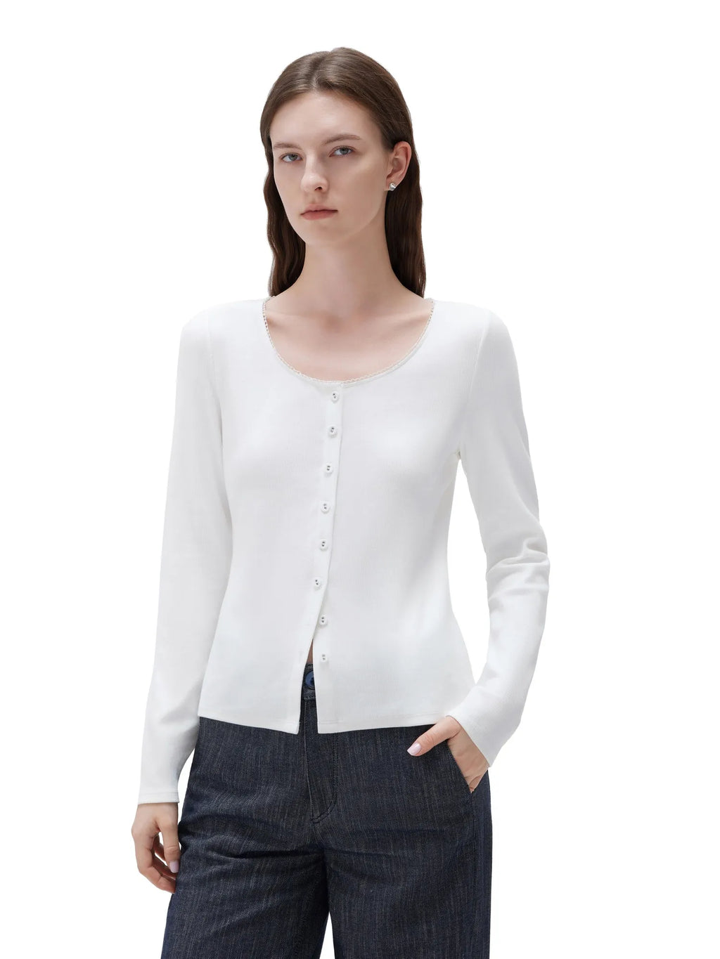 Cotton Ribbed Lace Crew Neck Shirt - Long Sleeve