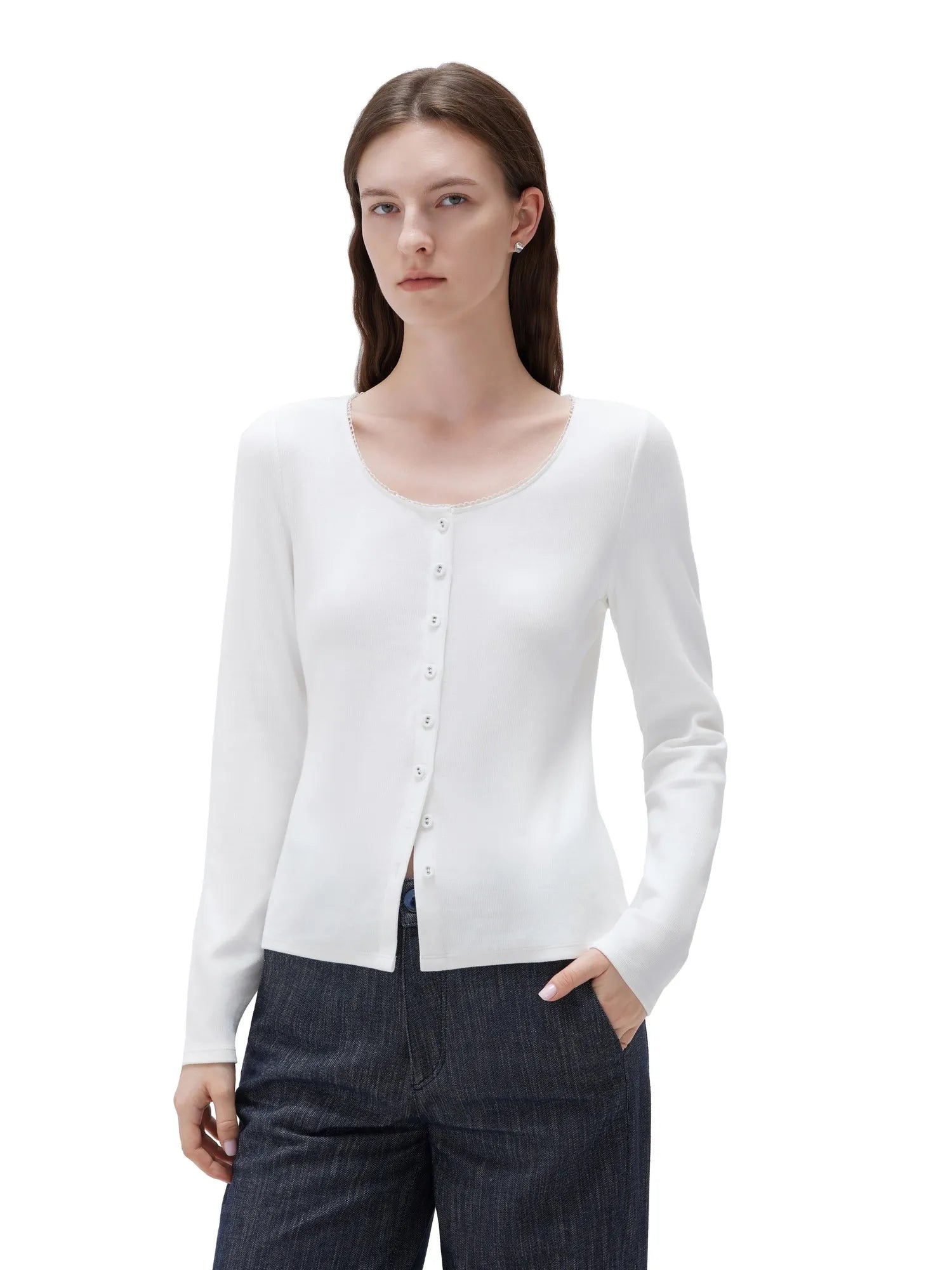 Cotton Ribbed Lace Crew Neck Shirt - Long Sleeve