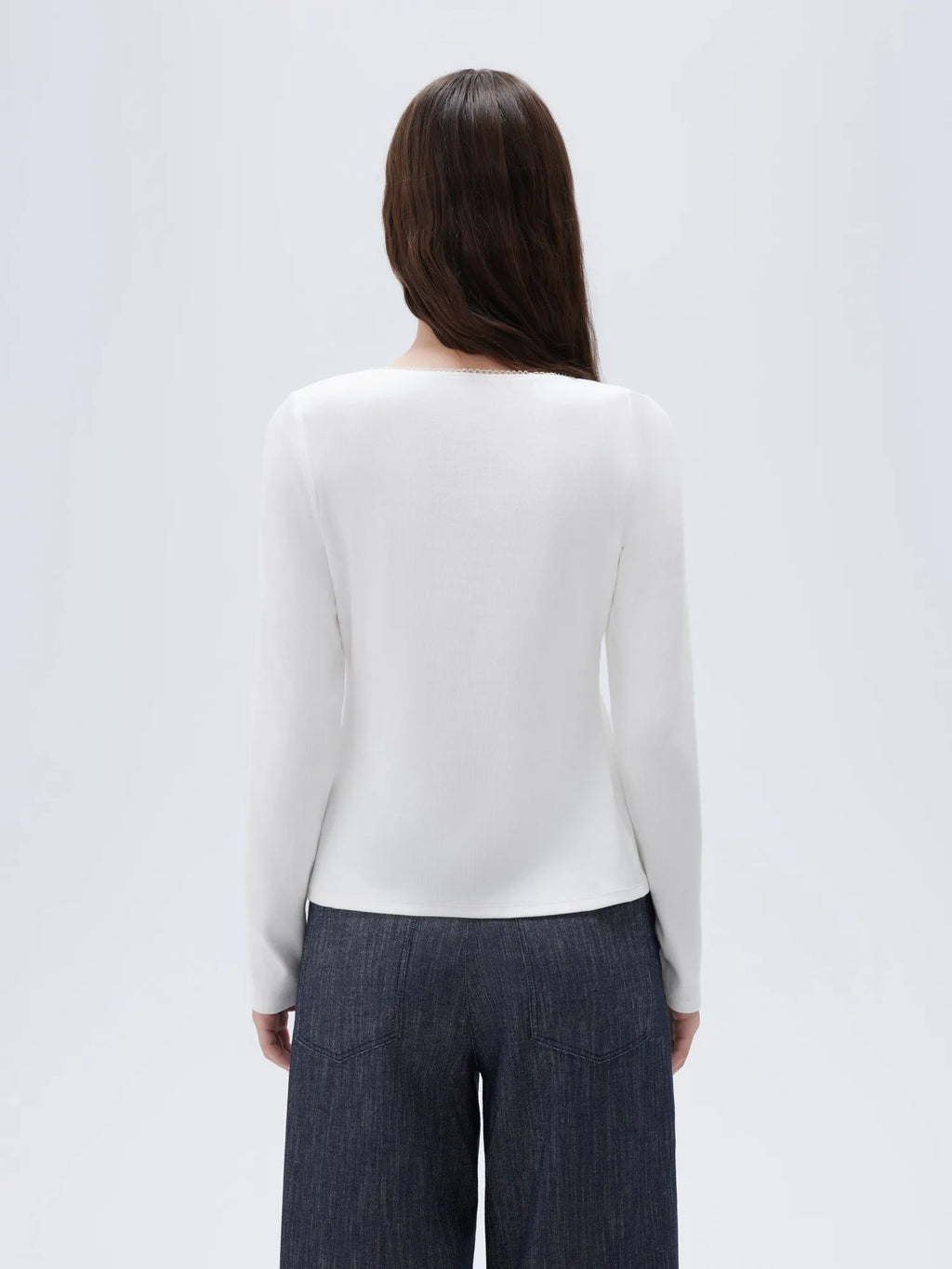 Cotton Ribbed Lace Crew Neck Shirt - Long Sleeve