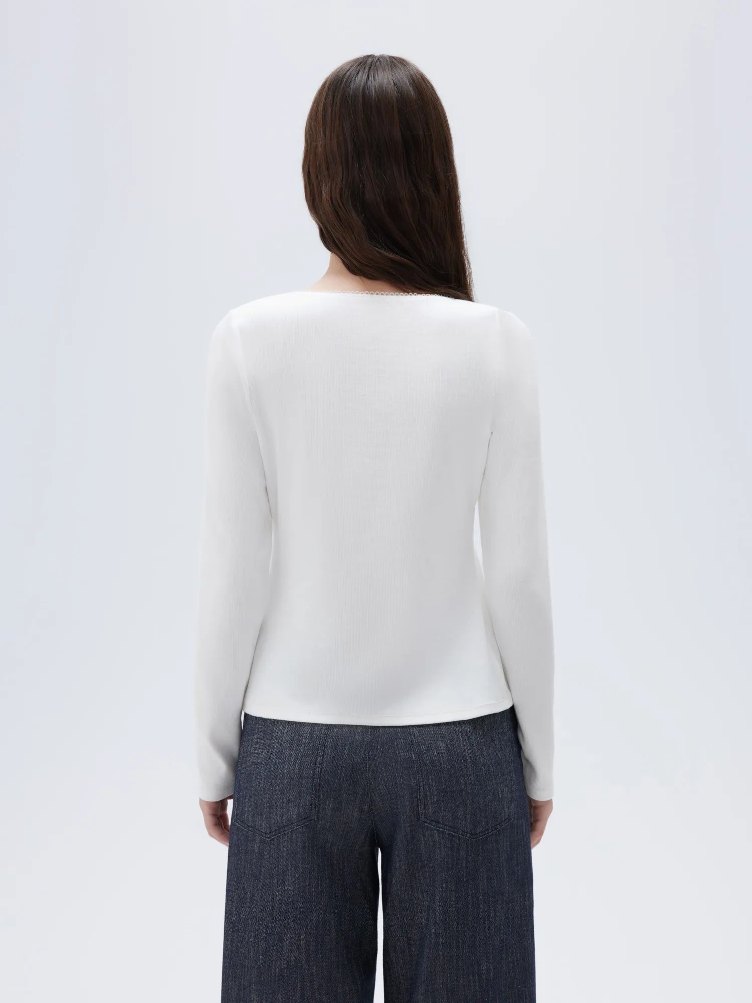 Cotton Ribbed Lace Crew Neck Shirt - Long Sleeve