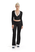Ribbed Wrap Front Tie V Neck Shirt - Long Sleeve