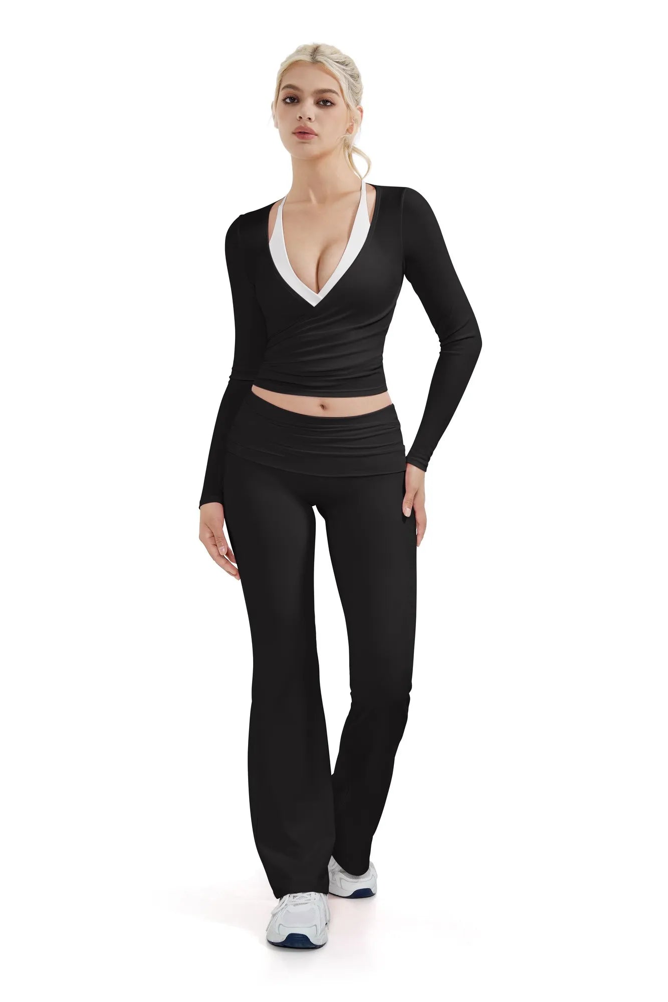 Ribbed Wrap Front Tie V Neck Shirt - Long Sleeve