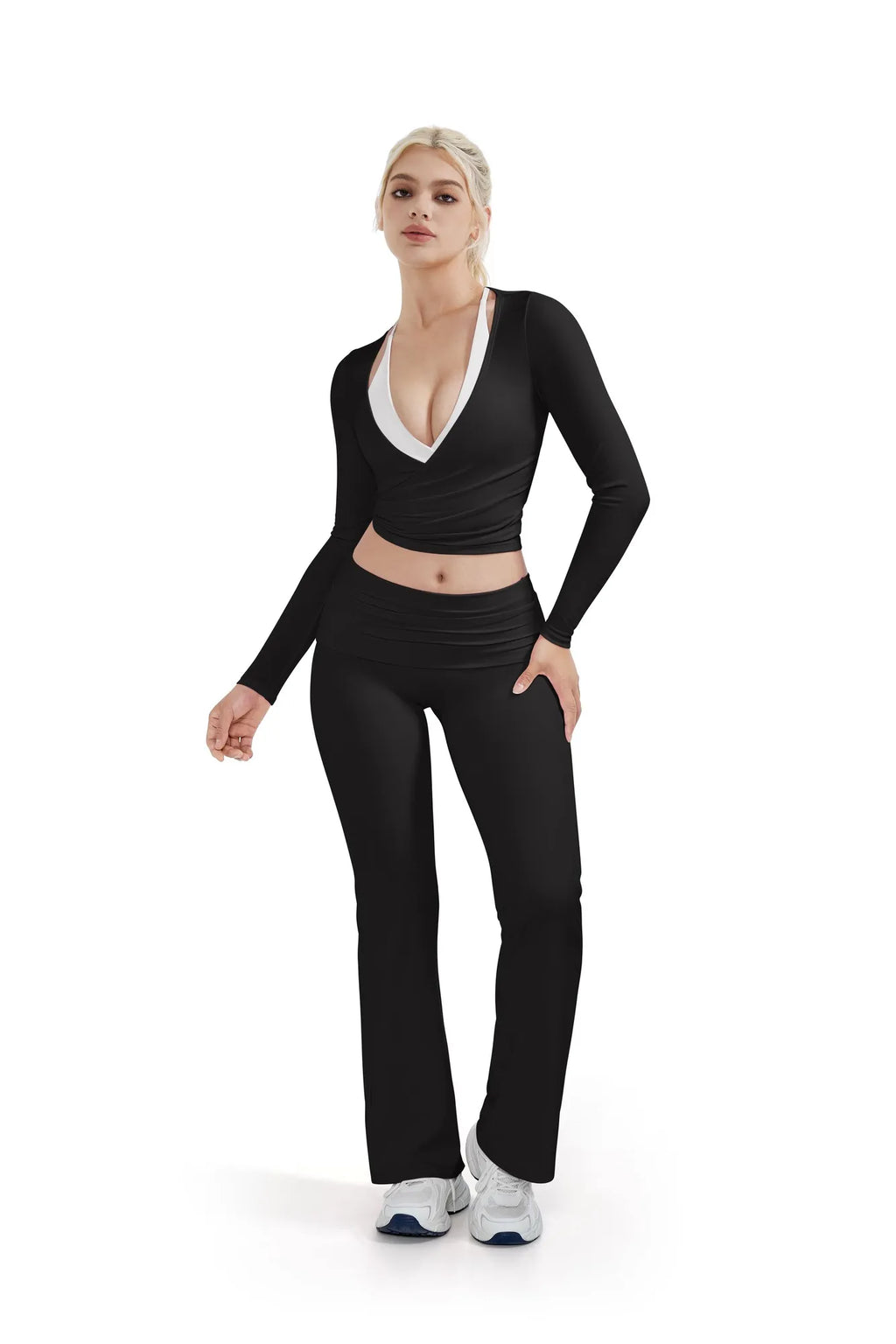 Ribbed Wrap Front Tie V Neck Shirt - Long Sleeve