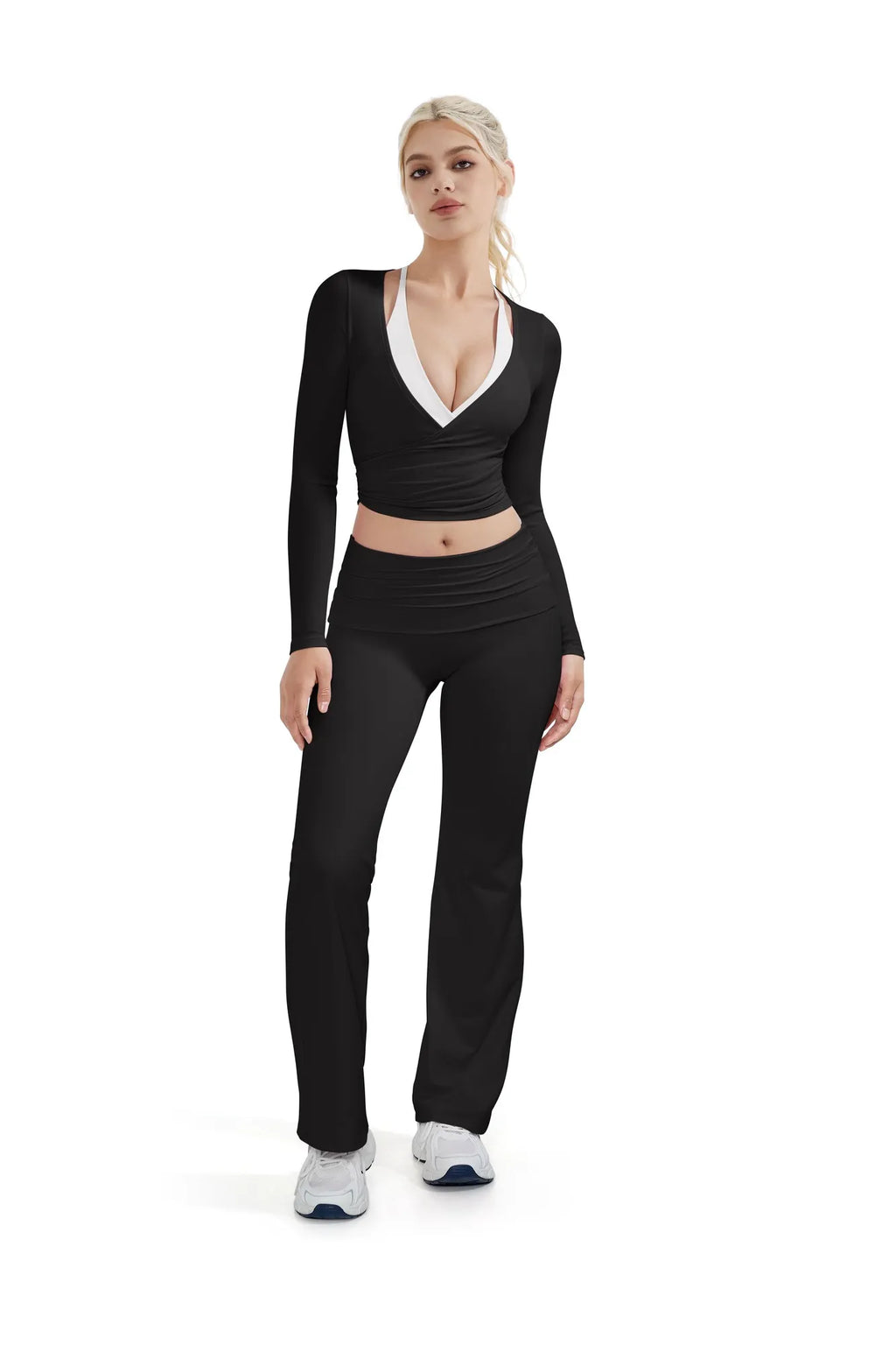 Ribbed Wrap Front Tie V Neck Shirt - Long Sleeve