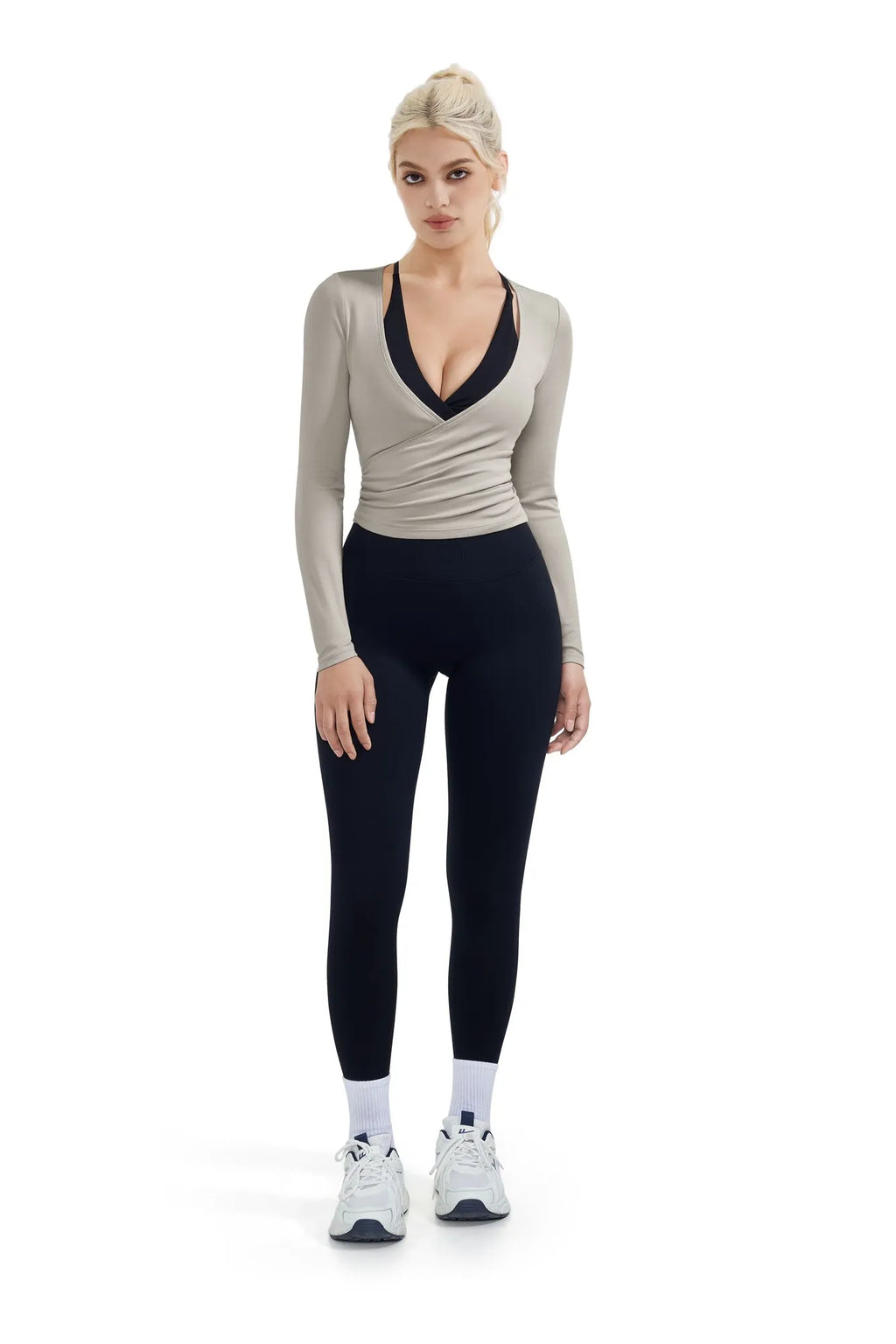 Ribbed Wrap Front Tie V Neck Shirt - Long Sleeve